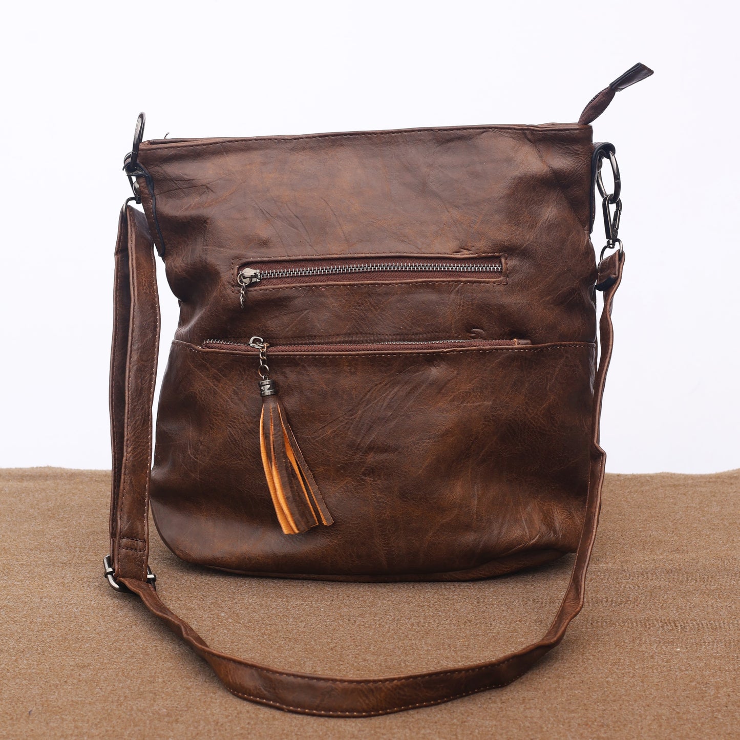 Vintage Brown Faux Leather Crossbody Bag with Tassel Detail