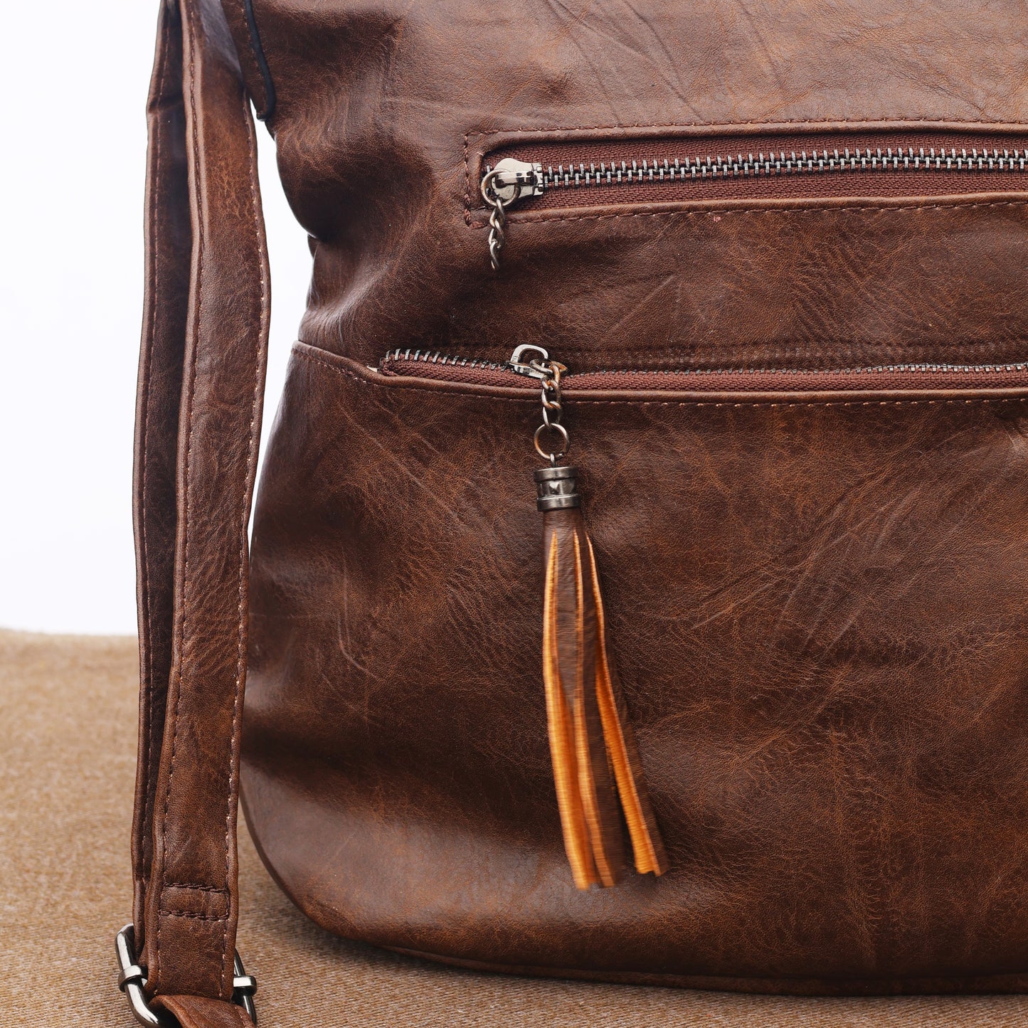 Vintage Brown Faux Leather Crossbody Bag with Tassel Detail