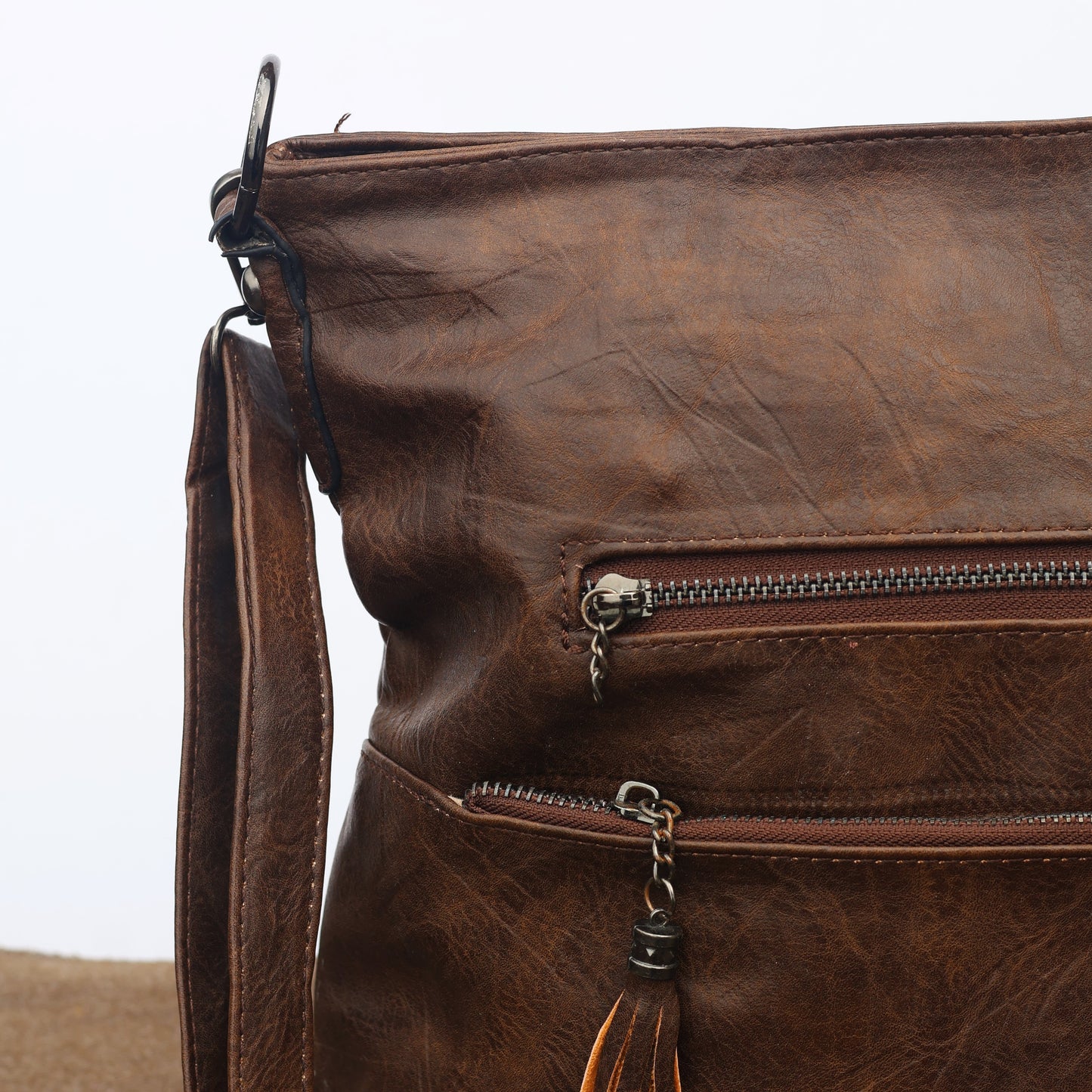 Vintage Brown Faux Leather Crossbody Bag with Tassel Detail