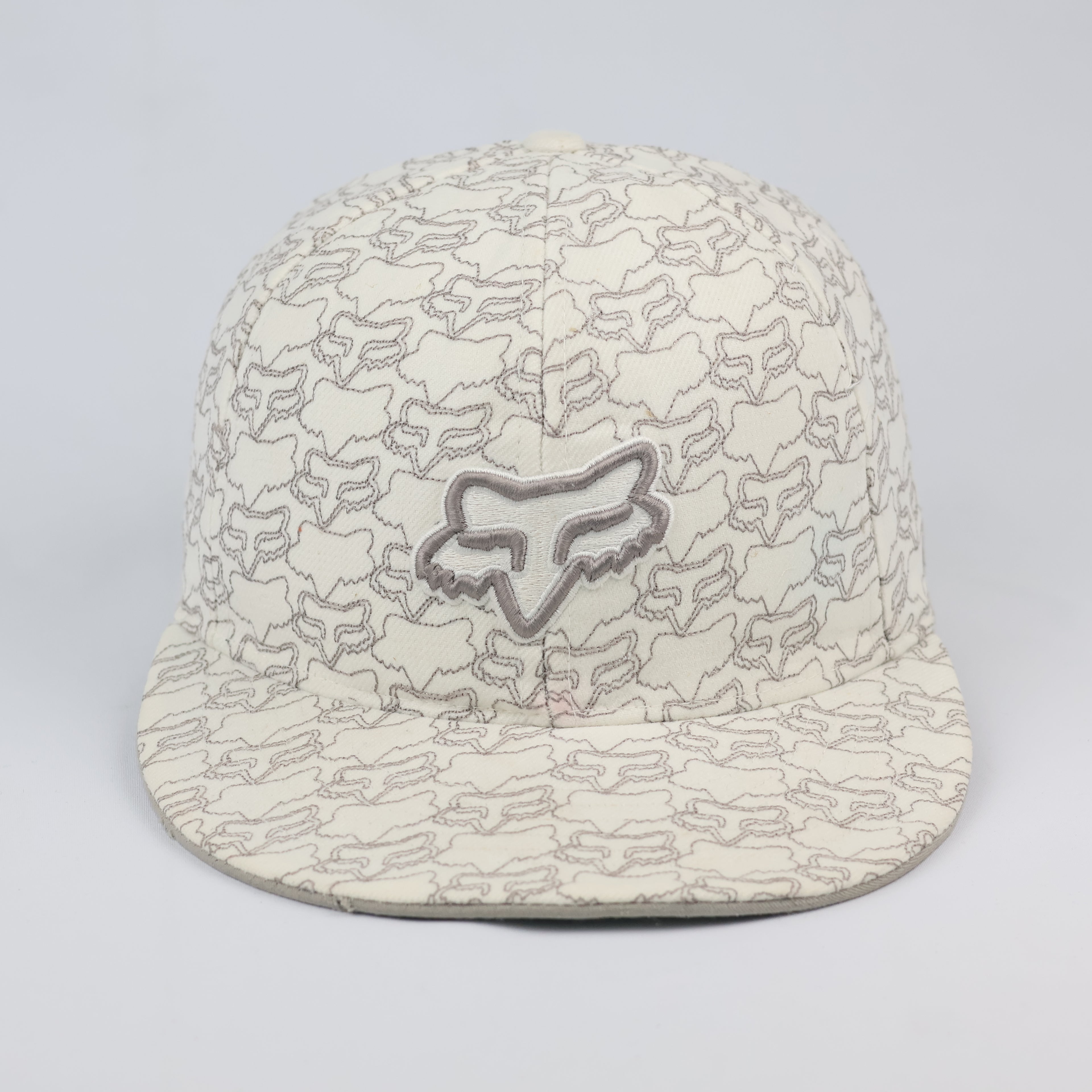 Fox Racing All-Over Print Logo Flat Brim Cap | Cream Monogram Fitted Hat