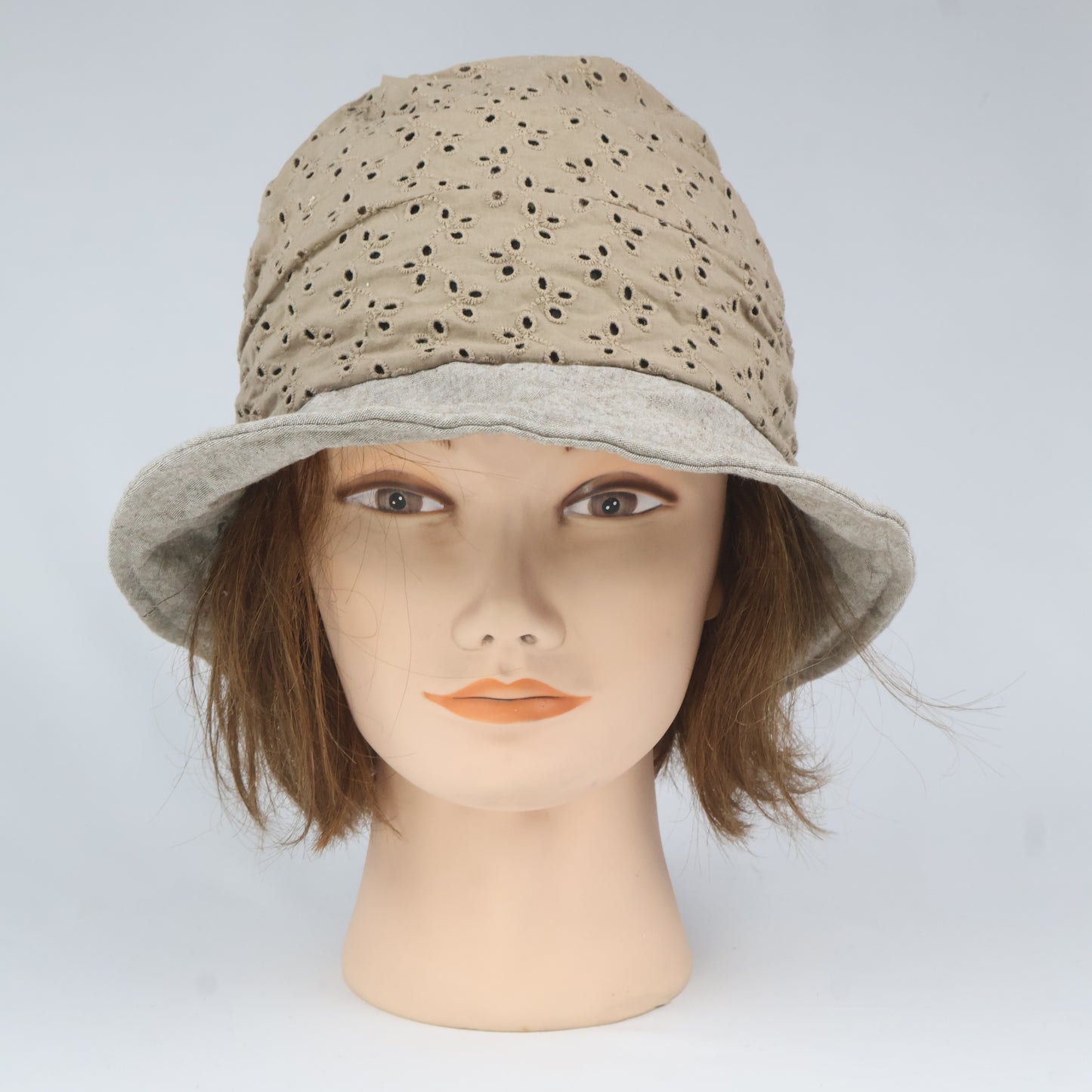 Boho Broderie Anglaise Bucket Hat - Beige & Gray