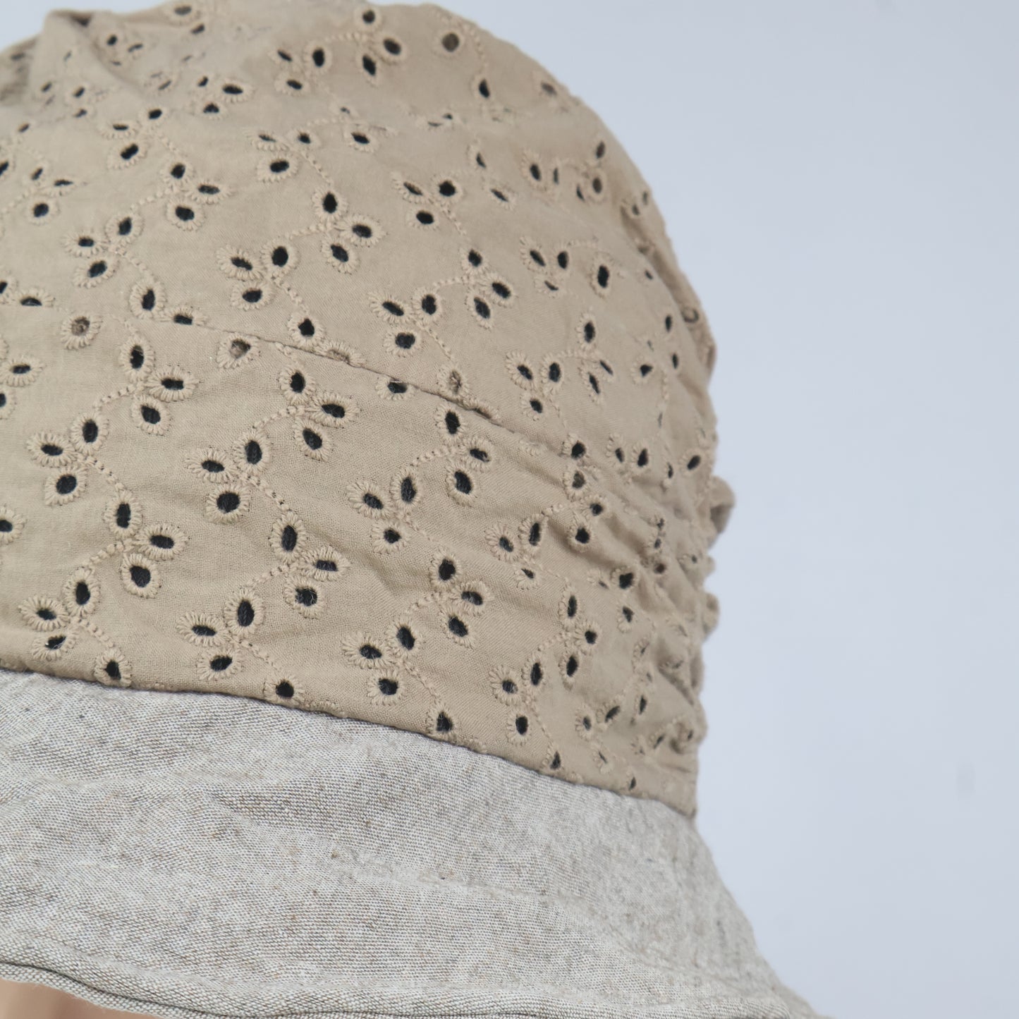 Boho Broderie Anglaise Bucket Hat - Beige & Gray