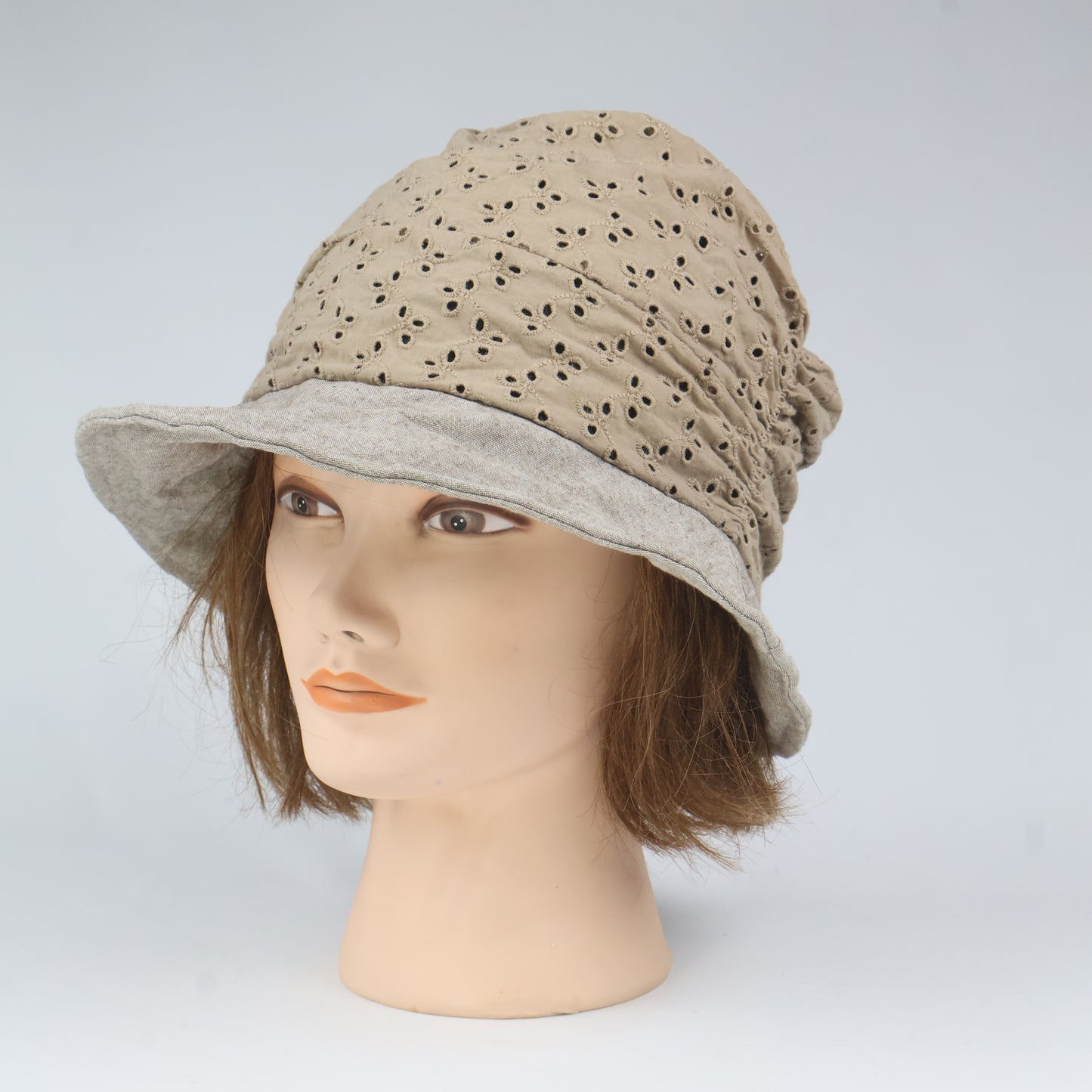 Boho Broderie Anglaise Bucket Hat - Beige & Gray