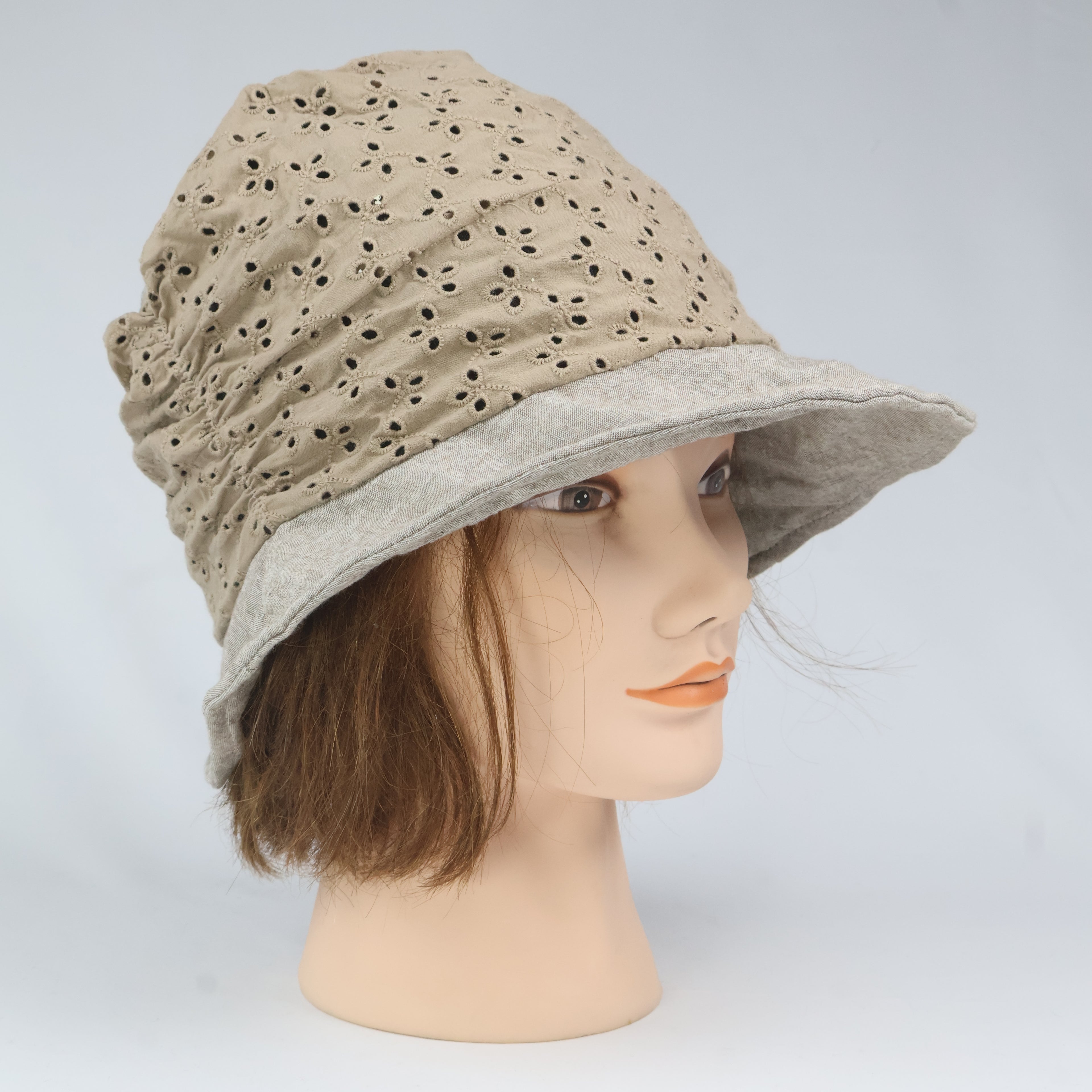 Boho Broderie Anglaise Bucket Hat - Beige & Gray