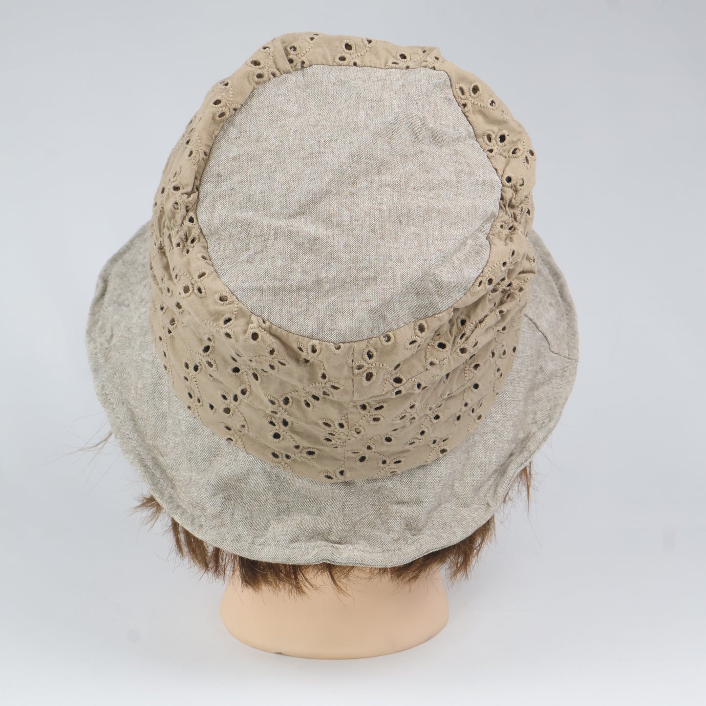 Boho Broderie Anglaise Bucket Hat - Beige & Gray
