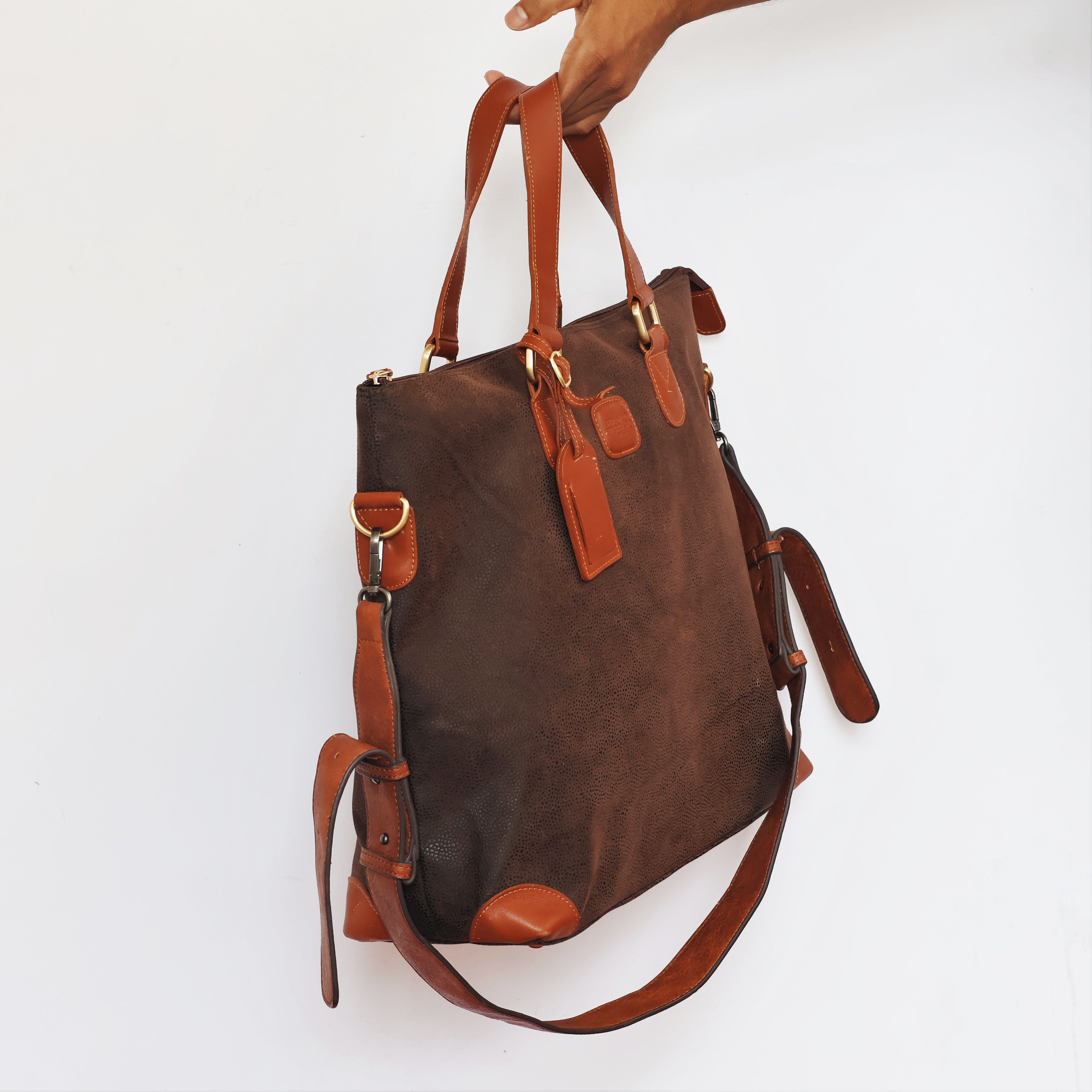 Franco Ferraro Milano Pure Leather Large Tote Thrifted Bag - Brown Textured Finish