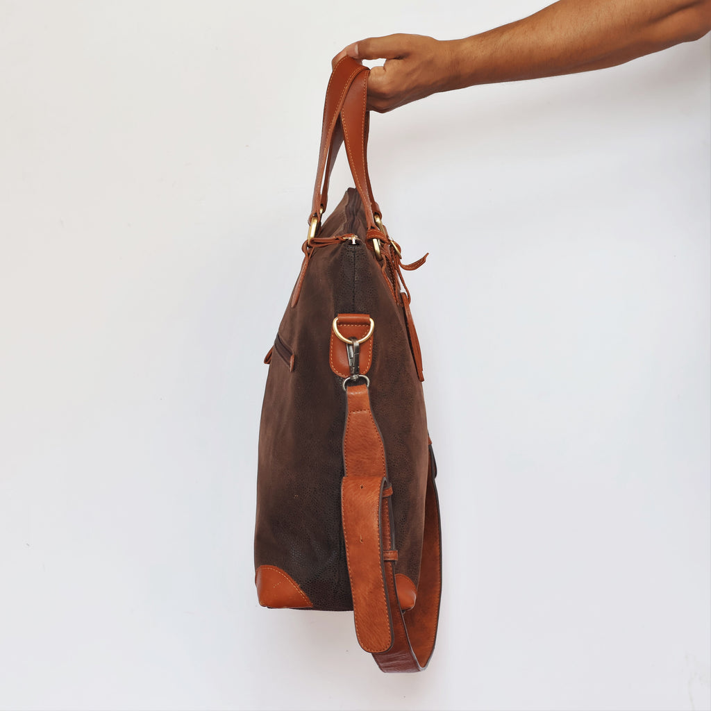Franco Ferraro Milano Pure Leather Large Tote Thrifted Bag - Brown Textured Finish