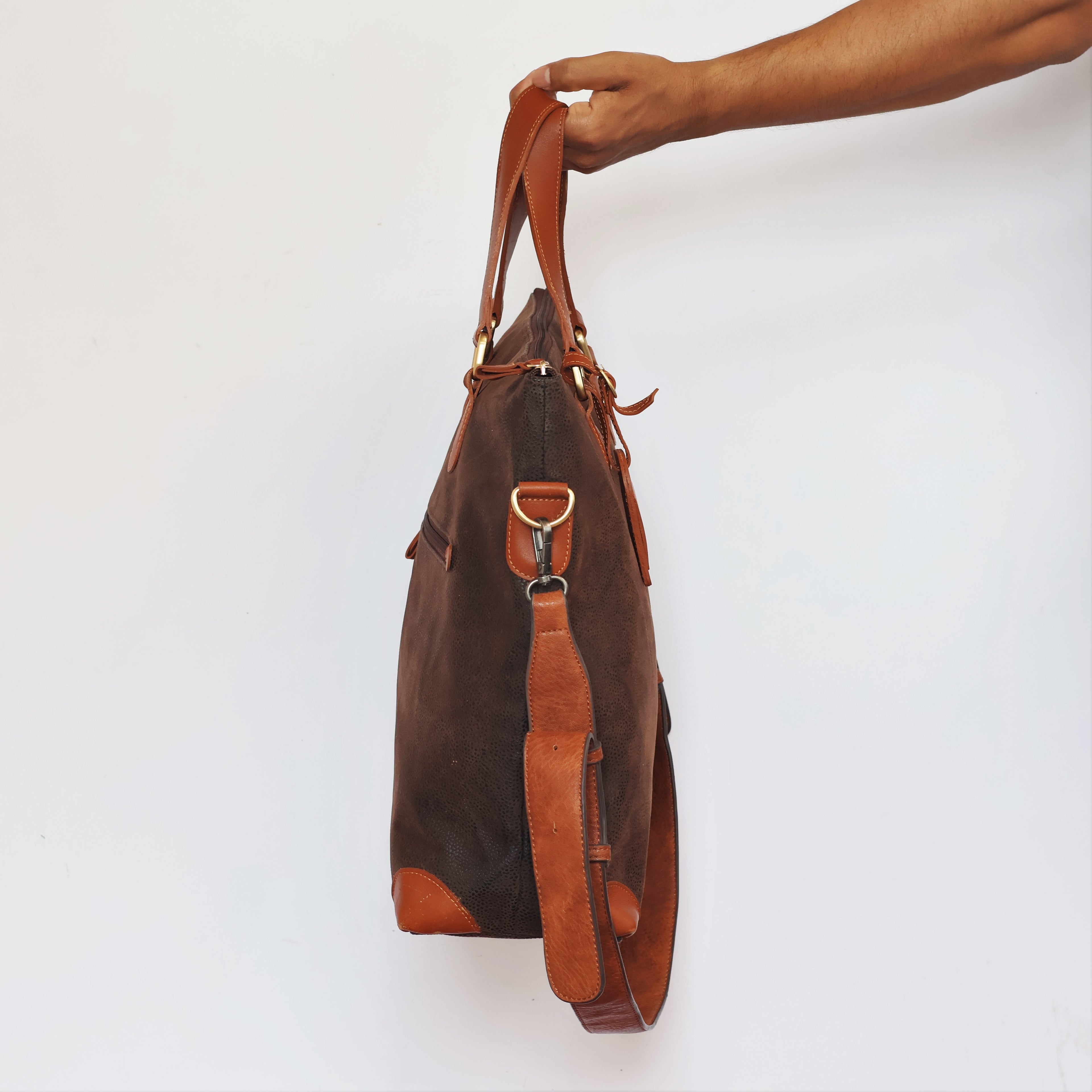 Franco Ferraro Milano Pure Leather Large Tote Thrifted Bag - Brown Textured Finish