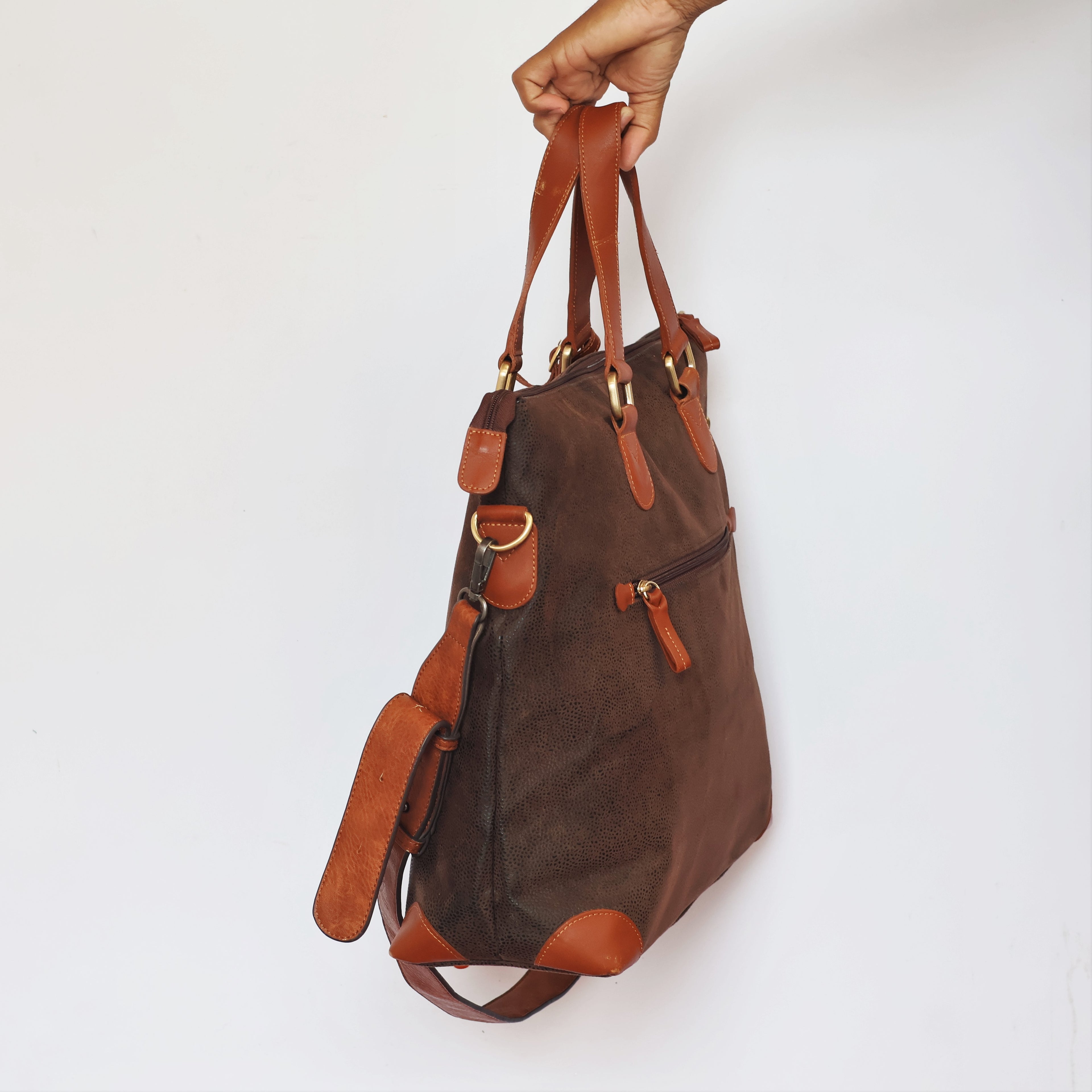 Franco Ferraro Milano Pure Leather Large Tote Thrifted Bag - Brown Textured Finish