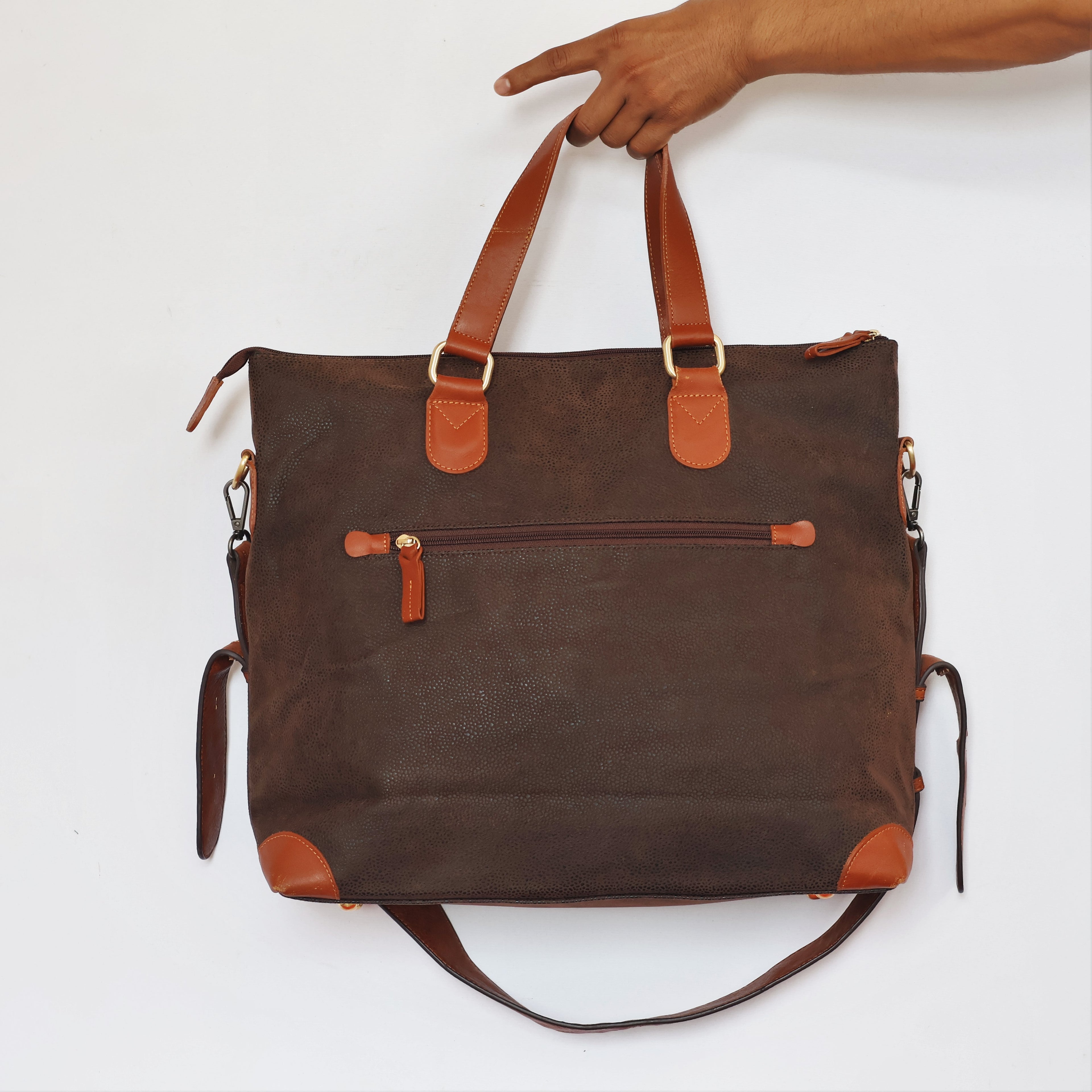 Franco Ferraro Milano Pure Leather Large Tote Thrifted Bag - Brown Textured Finish