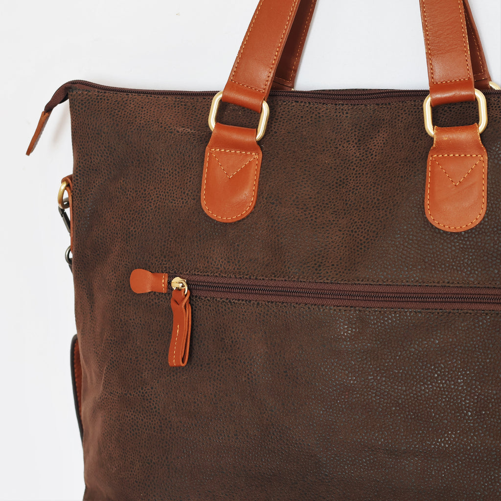 Franco Ferraro Milano Pure Leather Large Tote Thrifted Bag - Brown Textured Finish