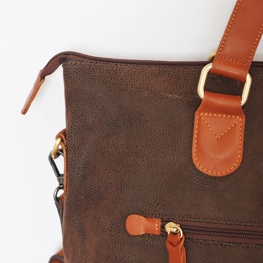 Franco Ferraro Milano Pure Leather Large Tote Thrifted Bag - Brown Textured Finish