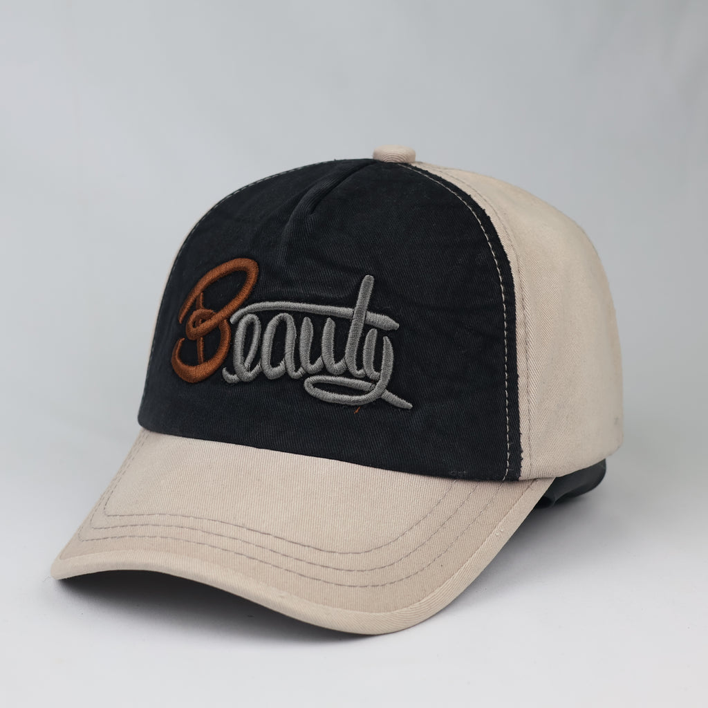 Vintage "Beauty" Script Embroidered Baseball Cap – Beige & Black
