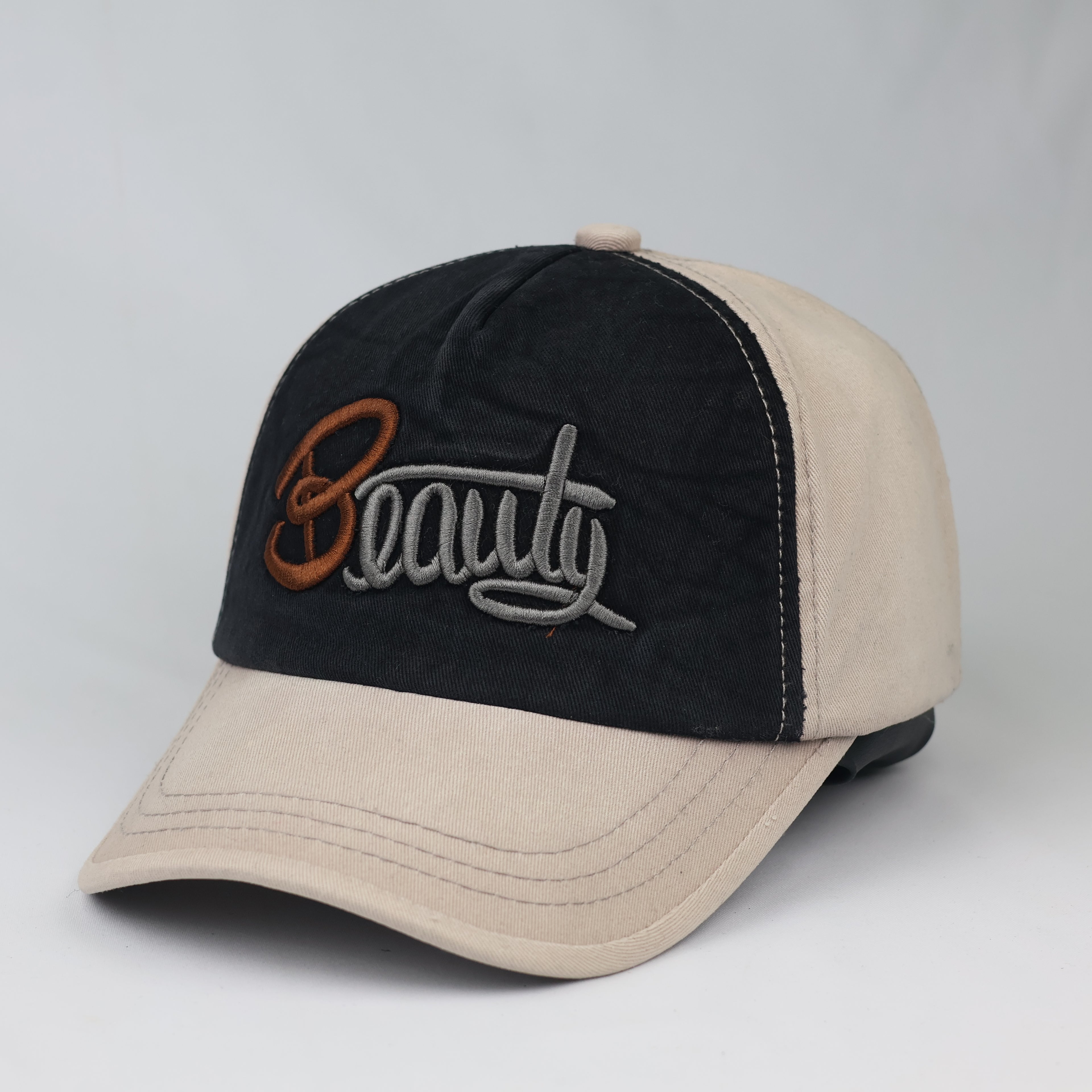 Vintage "Beauty" Script Embroidered Baseball Cap – Beige & Black
