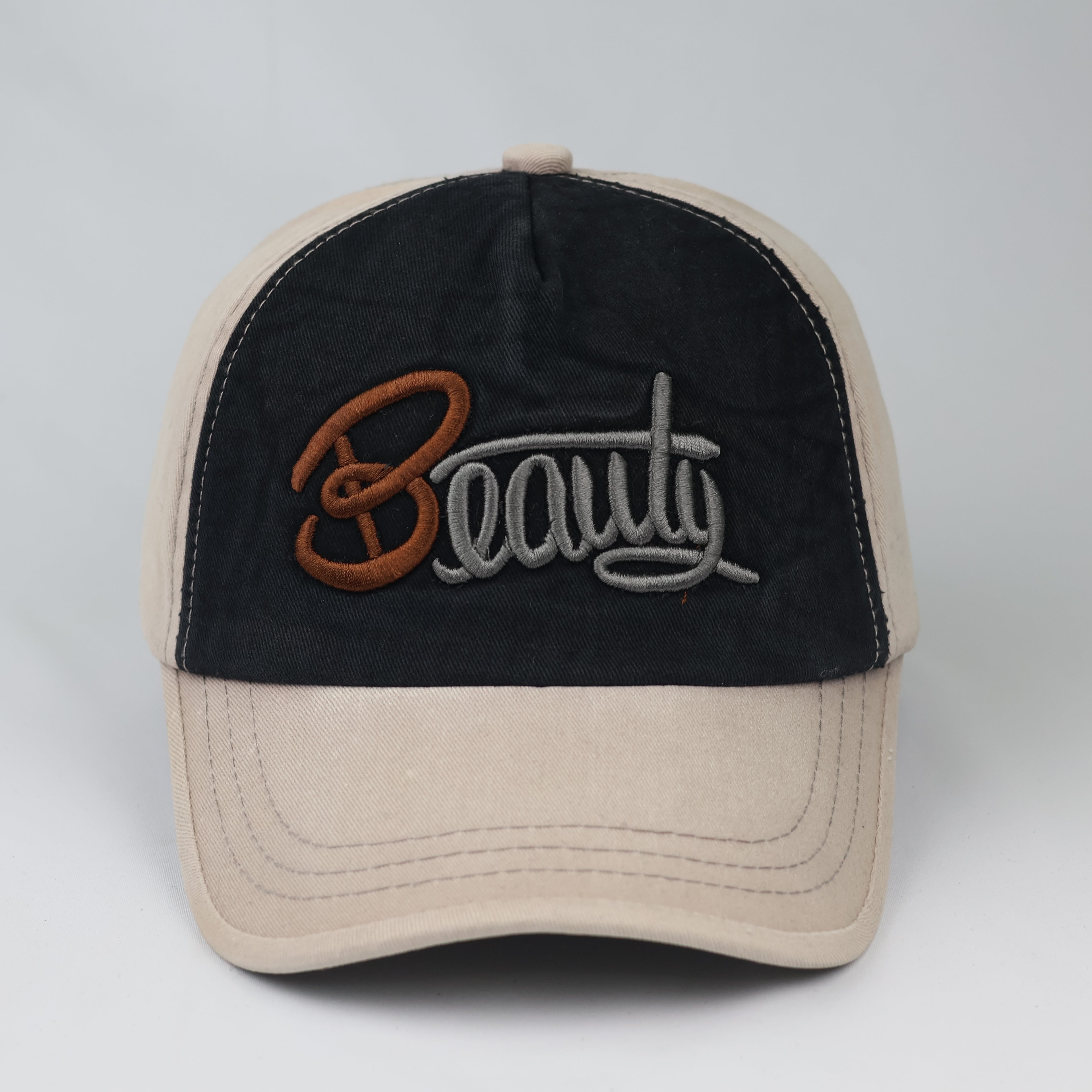 Vintage "Beauty" Script Embroidered Baseball Cap – Beige & Black