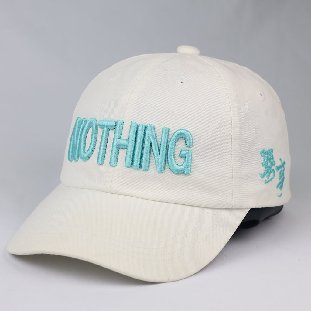 Minimalist "NOTHING" Aesthetic Baseball Cap – Cream & Teal Streetwear