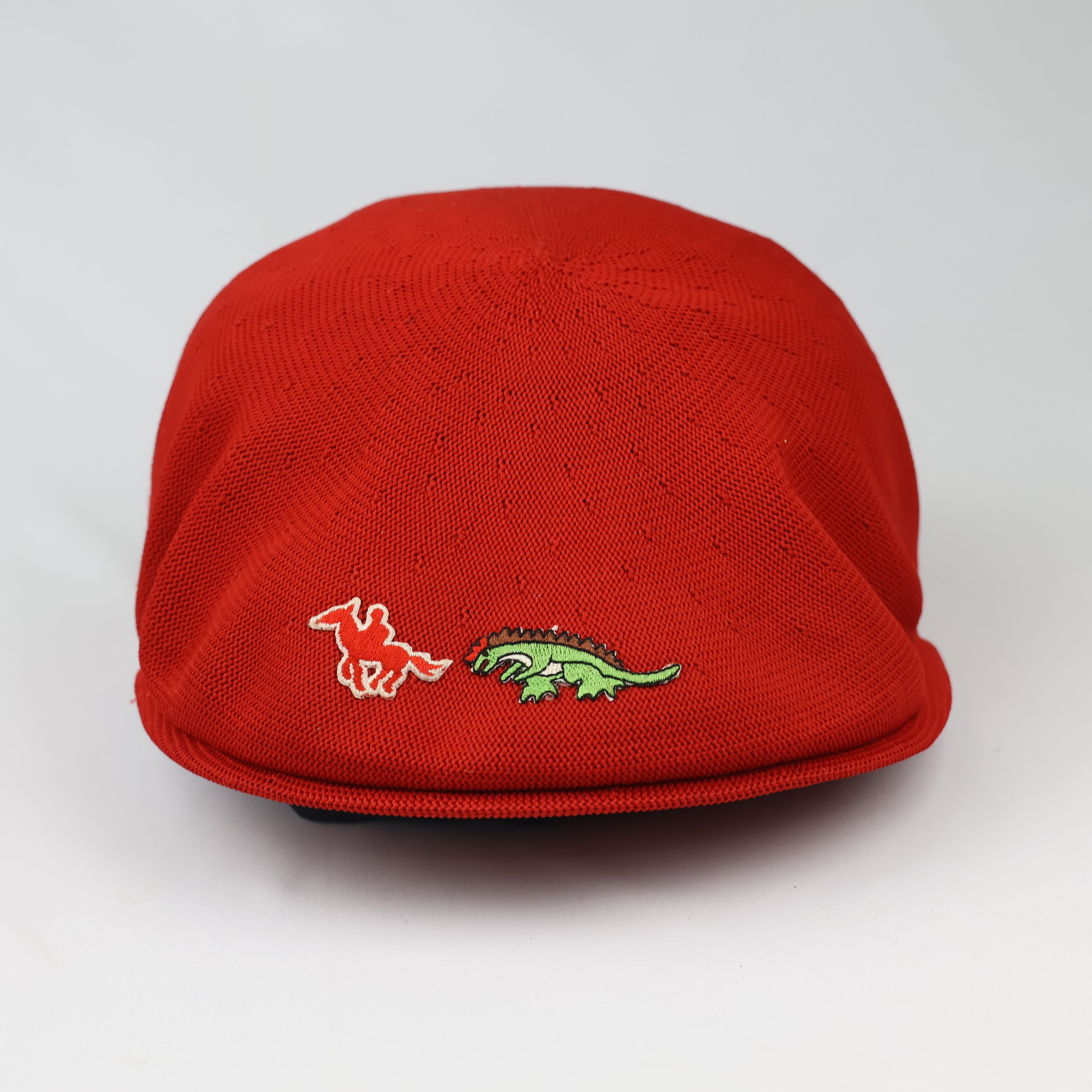 Vintage Red Mesh Knit Ivy Flat Cap – Dinosaur & Horse Patches