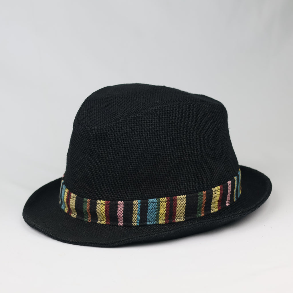 Thrifted Black Straw Fedora Hat | Multi-Color Striped Band