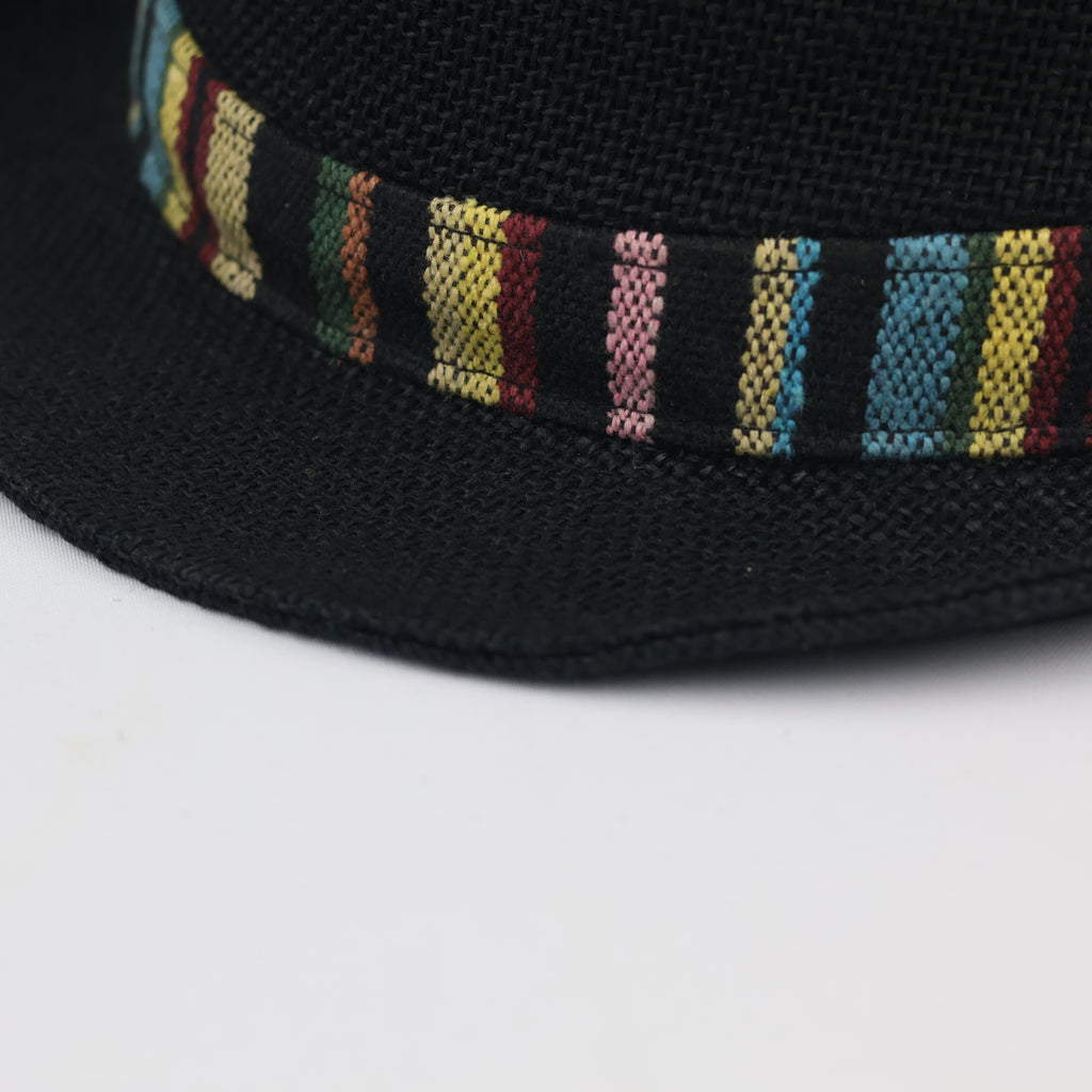 Thrifted Black Straw Fedora Hat | Multi-Color Striped Band