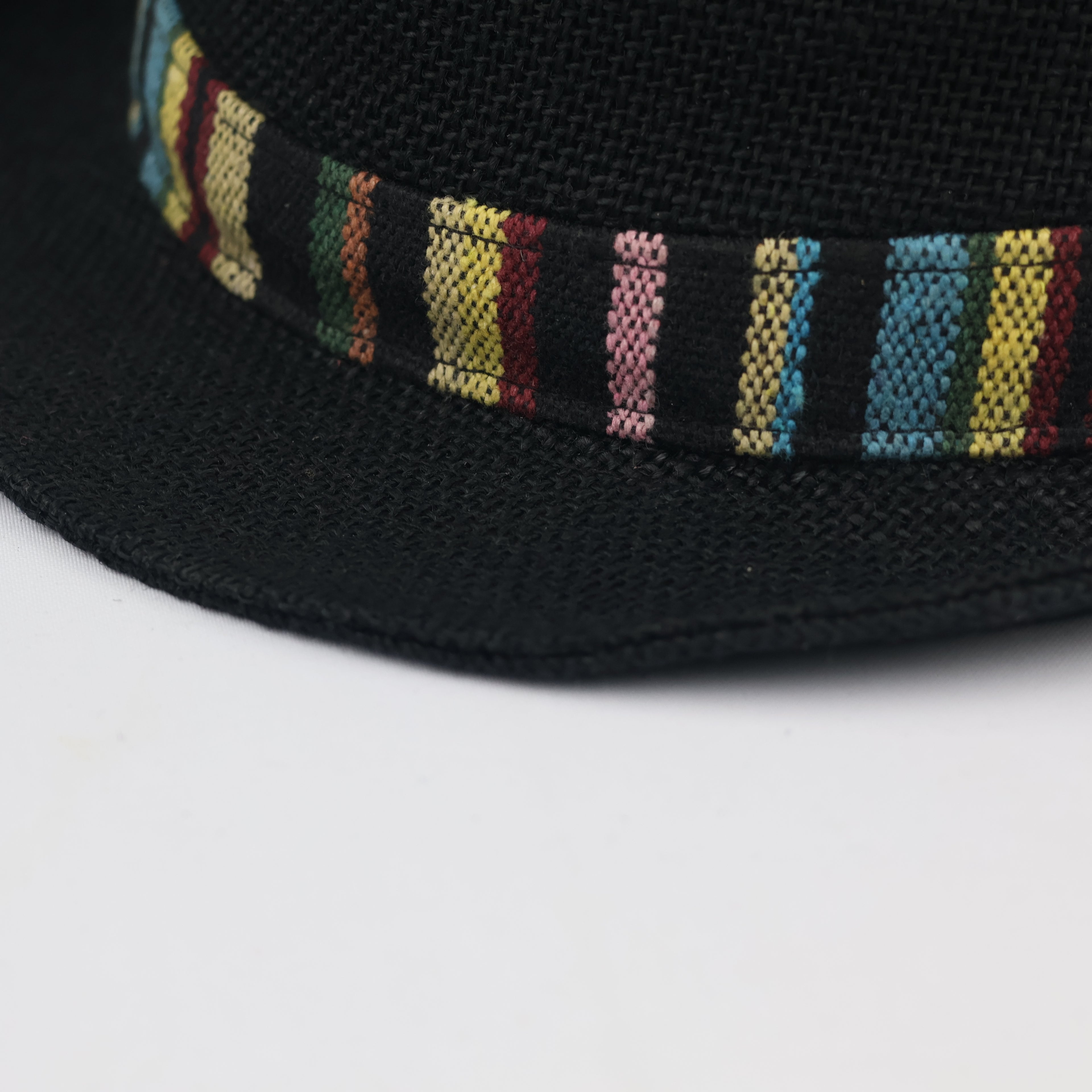Thrifted Black Straw Fedora Hat | Multi-Color Striped Band