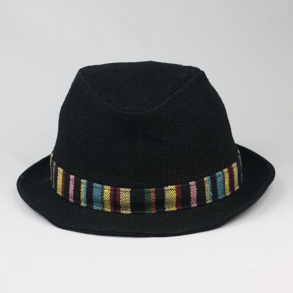 Thrifted Black Straw Fedora Hat | Multi-Color Striped Band