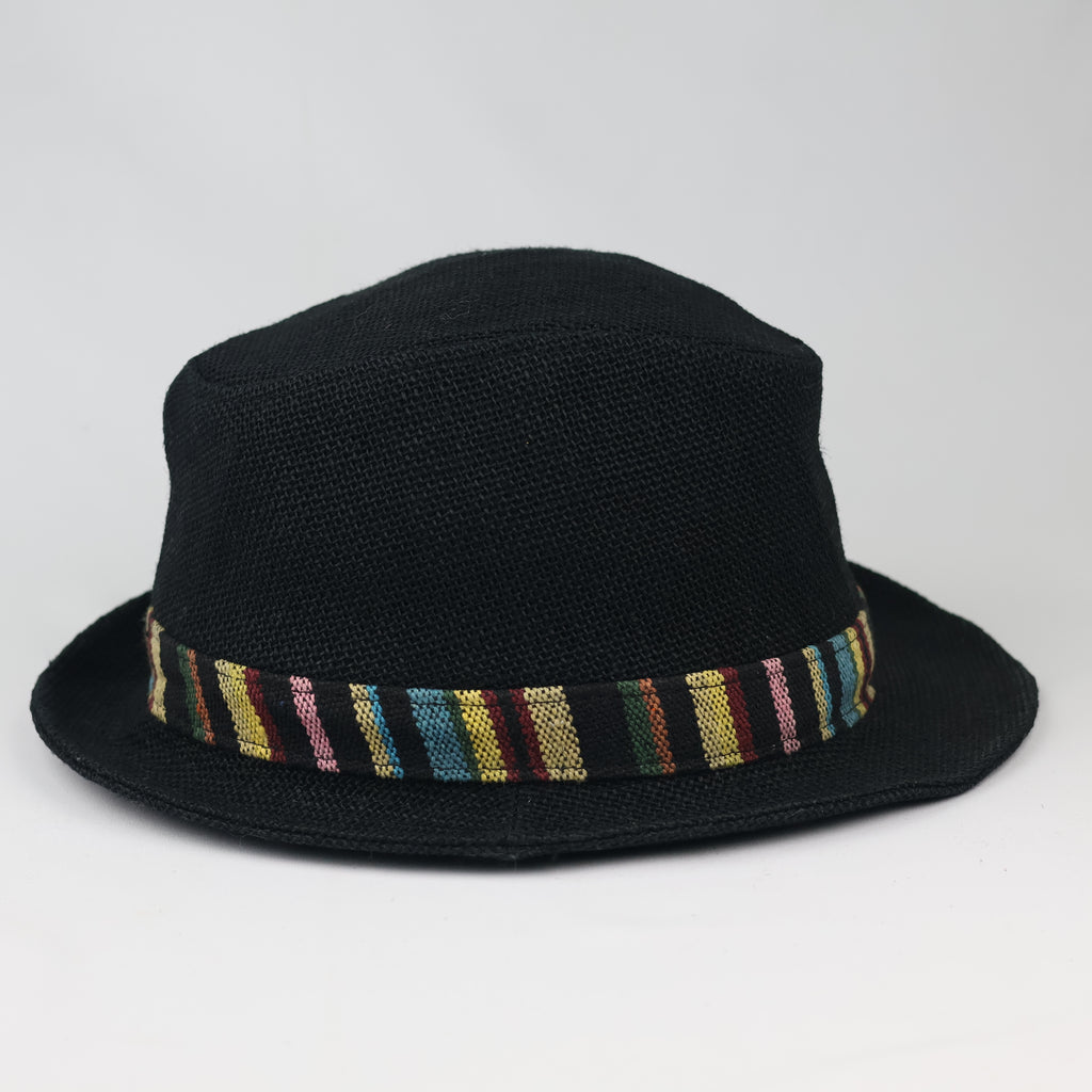 Thrifted Black Straw Fedora Hat | Multi-Color Striped Band