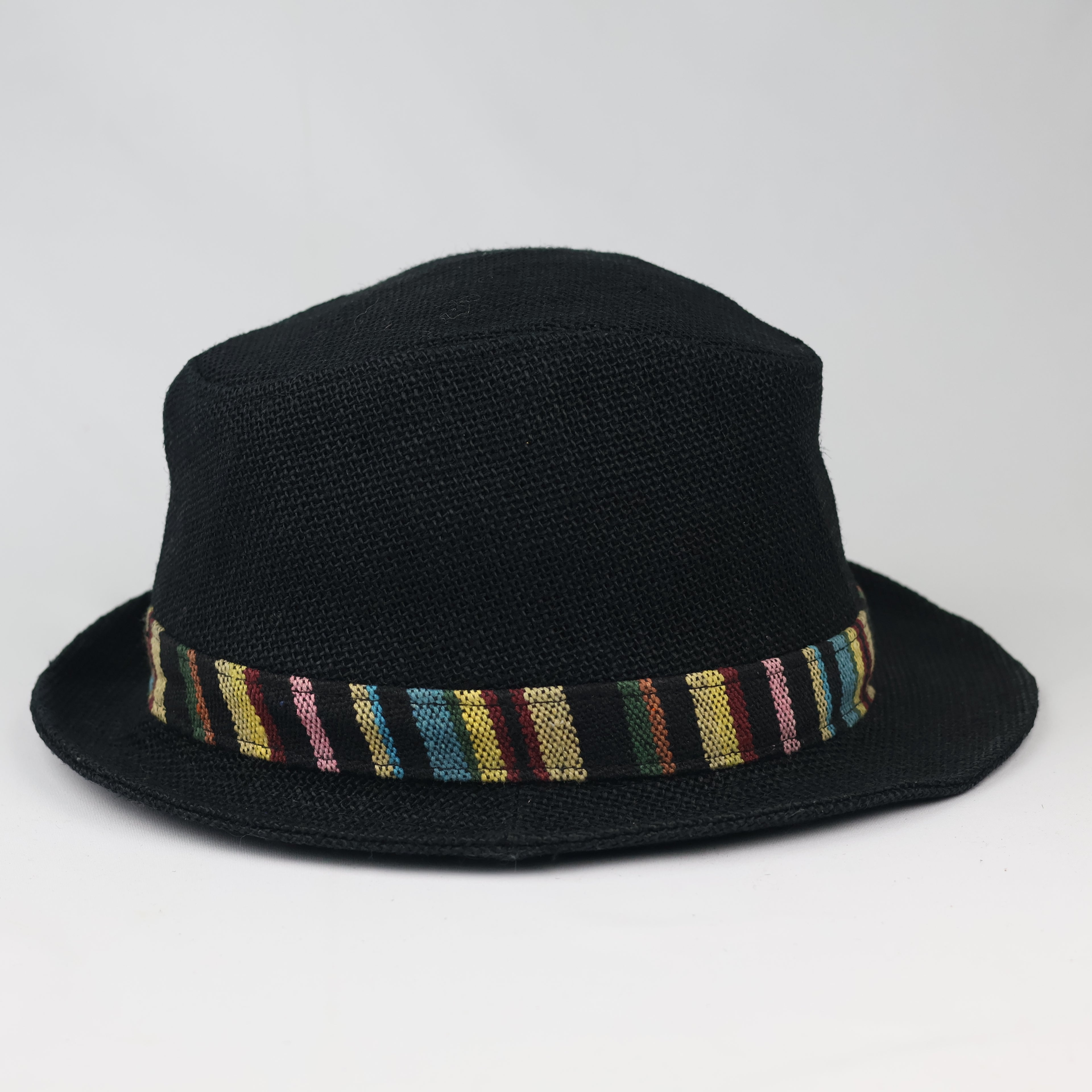 Thrifted Black Straw Fedora Hat | Multi-Color Striped Band