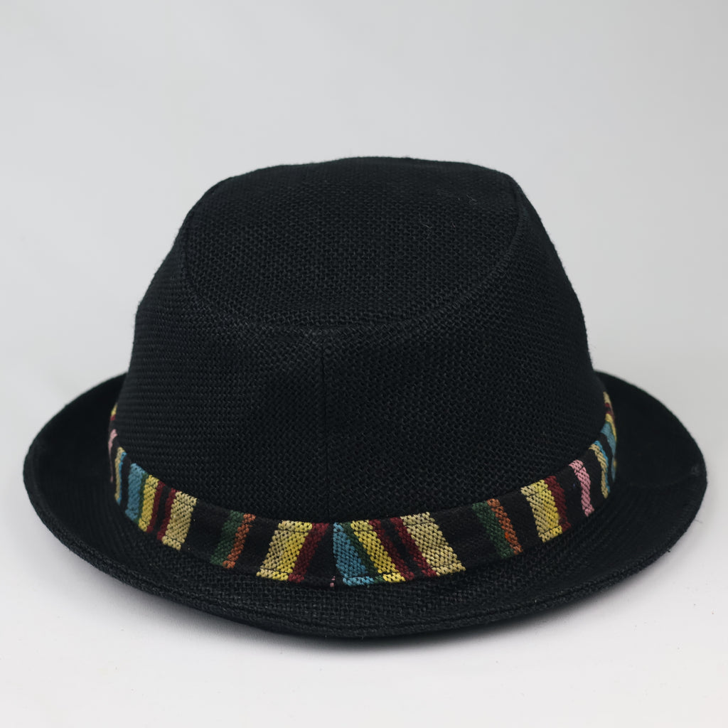 Thrifted Black Straw Fedora Hat | Multi-Color Striped Band