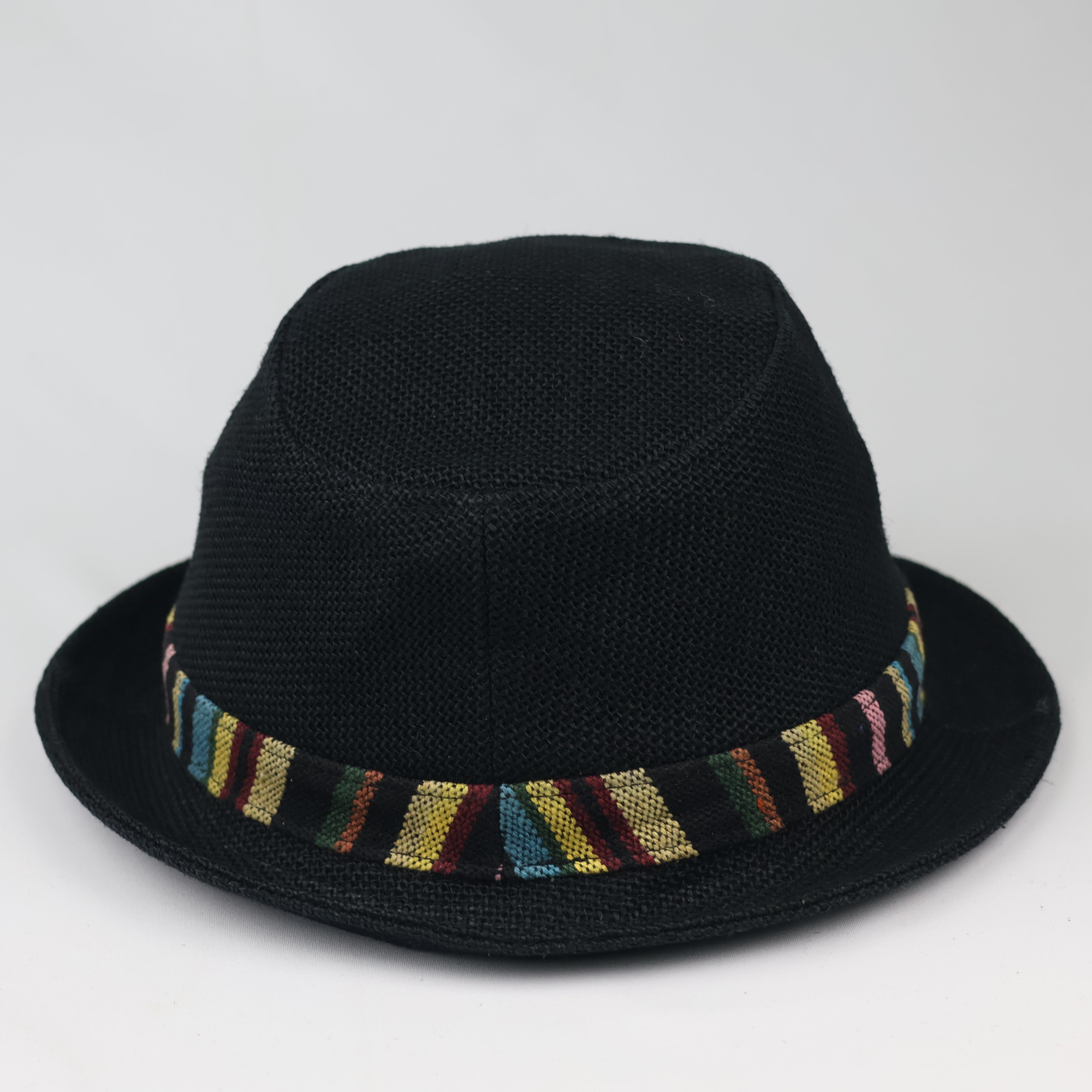 Thrifted Black Straw Fedora Hat | Multi-Color Striped Band