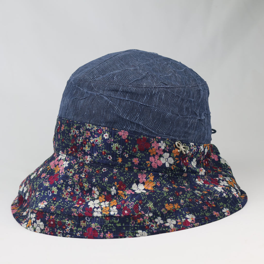Thrifted Crinkle Denim Blue Sun Hat | Multi-Color Floral Print