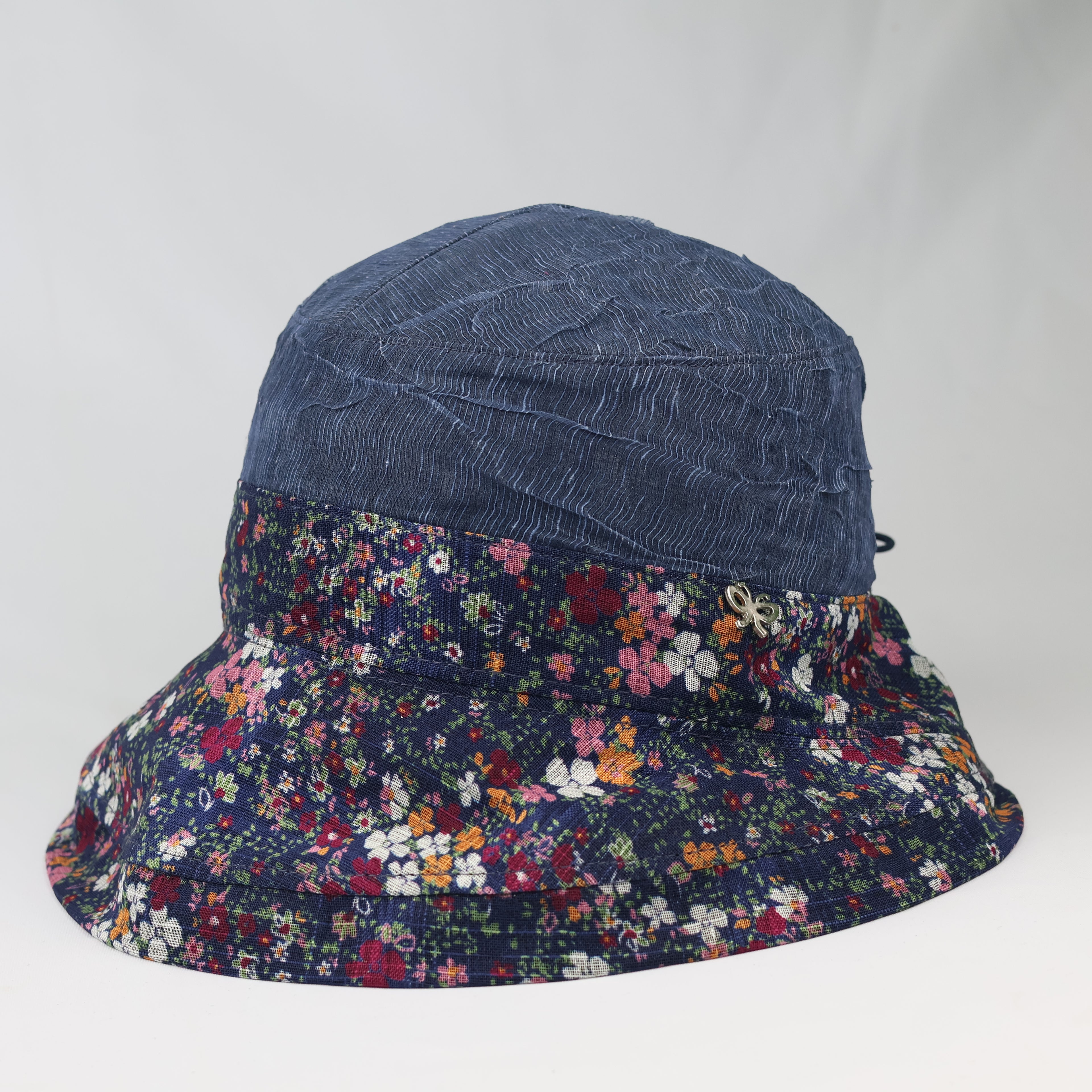 Thrifted Crinkle Denim Blue Sun Hat | Multi-Color Floral Print