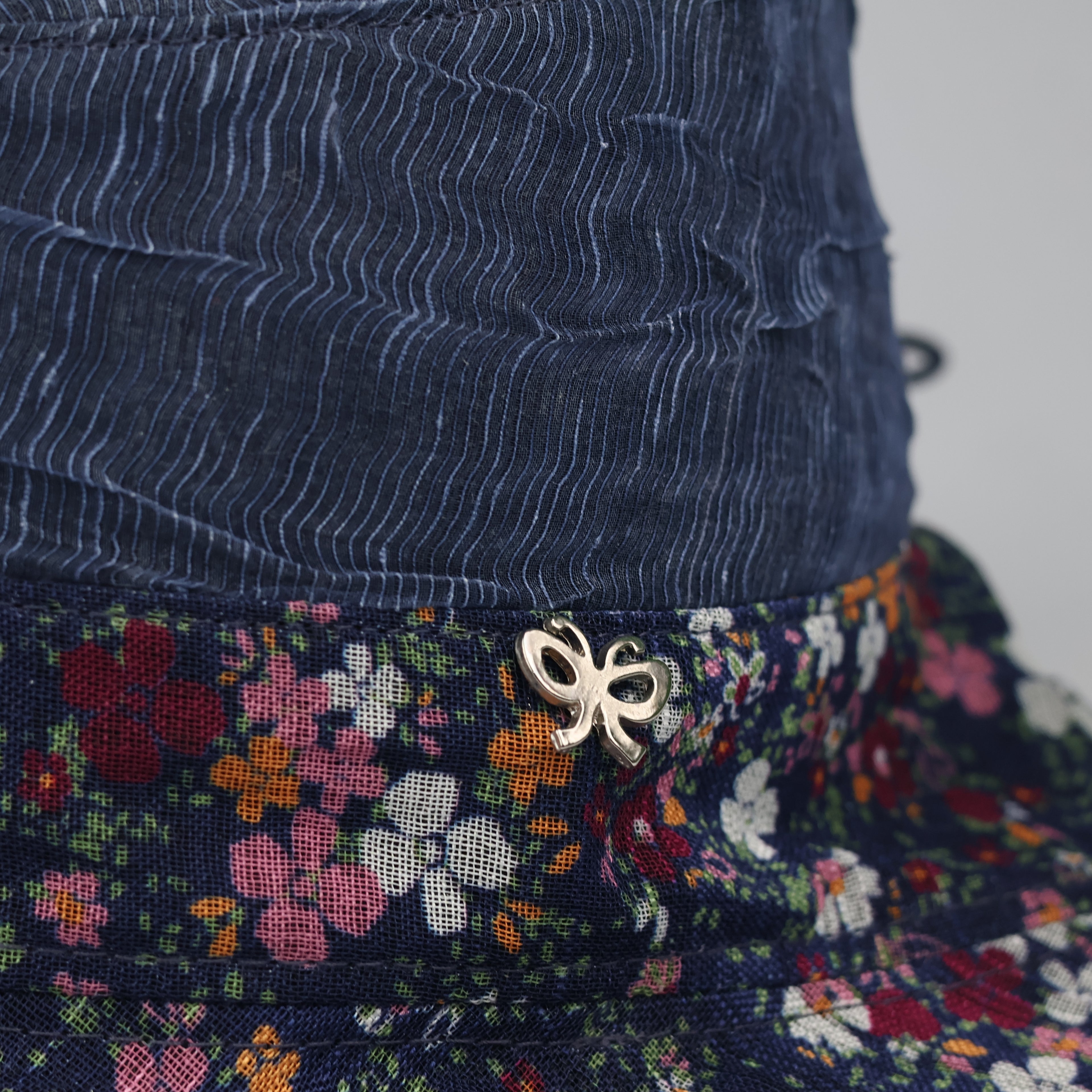 Thrifted Crinkle Denim Blue Sun Hat | Multi-Color Floral Print