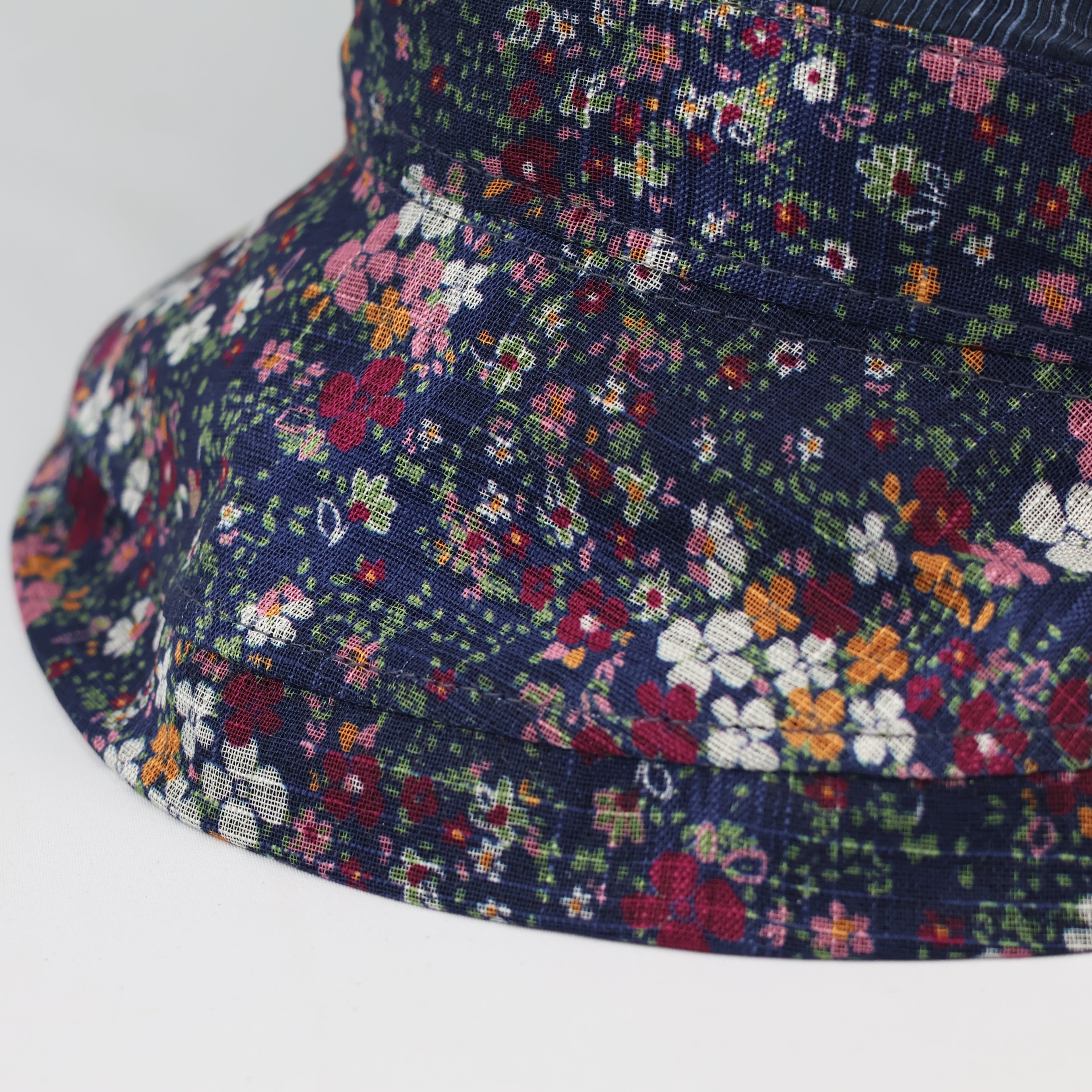 Thrifted Crinkle Denim Blue Sun Hat | Multi-Color Floral Print