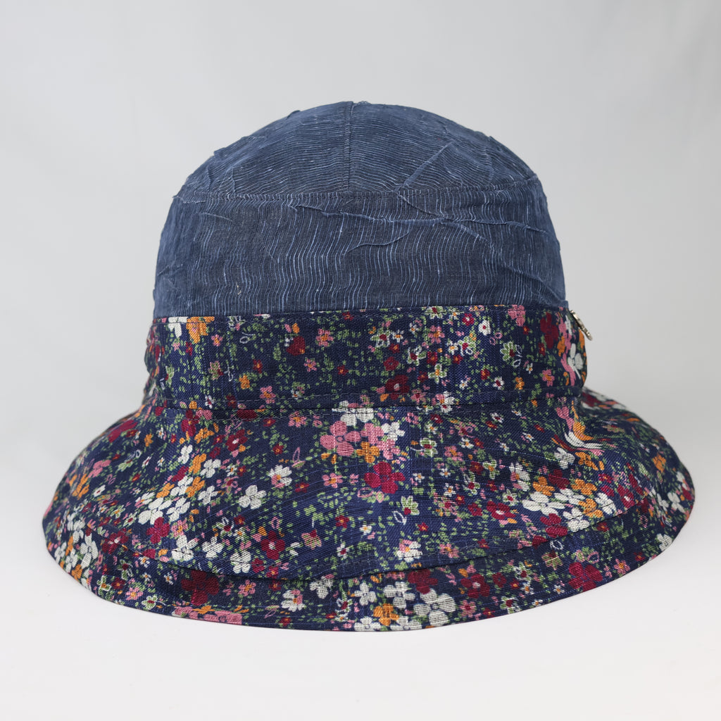 Thrifted Crinkle Denim Blue Sun Hat | Multi-Color Floral Print