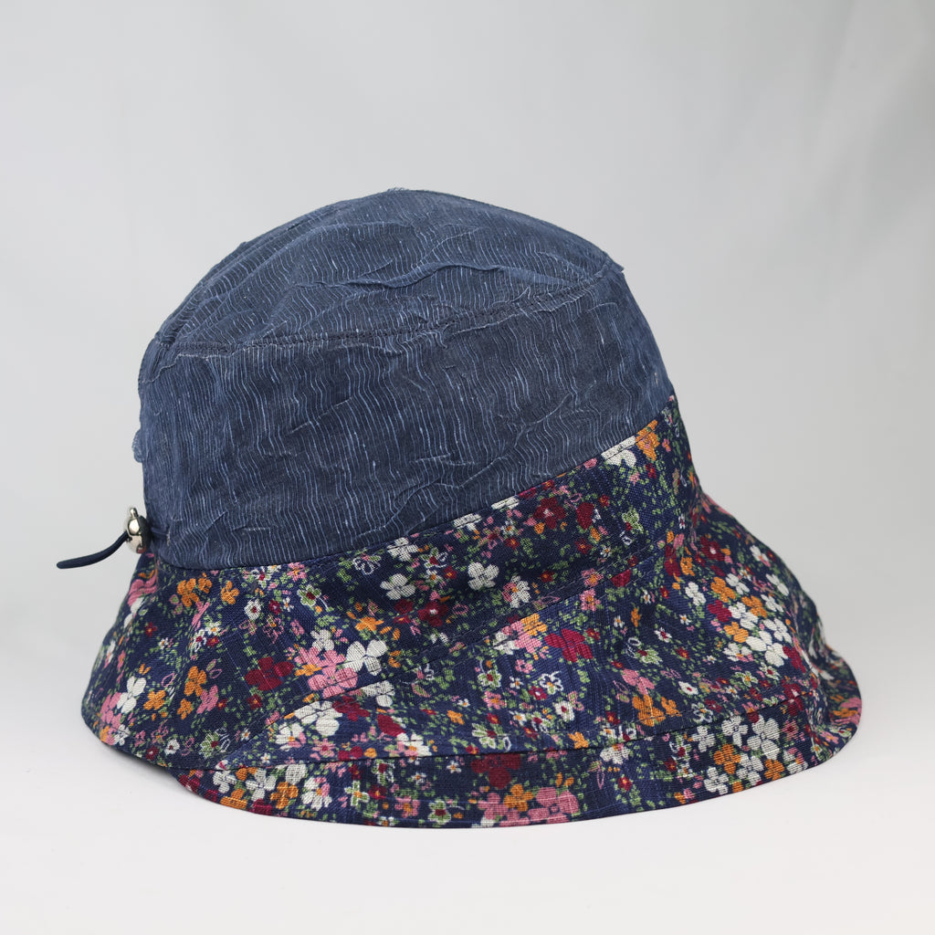 Thrifted Crinkle Denim Blue Sun Hat | Multi-Color Floral Print