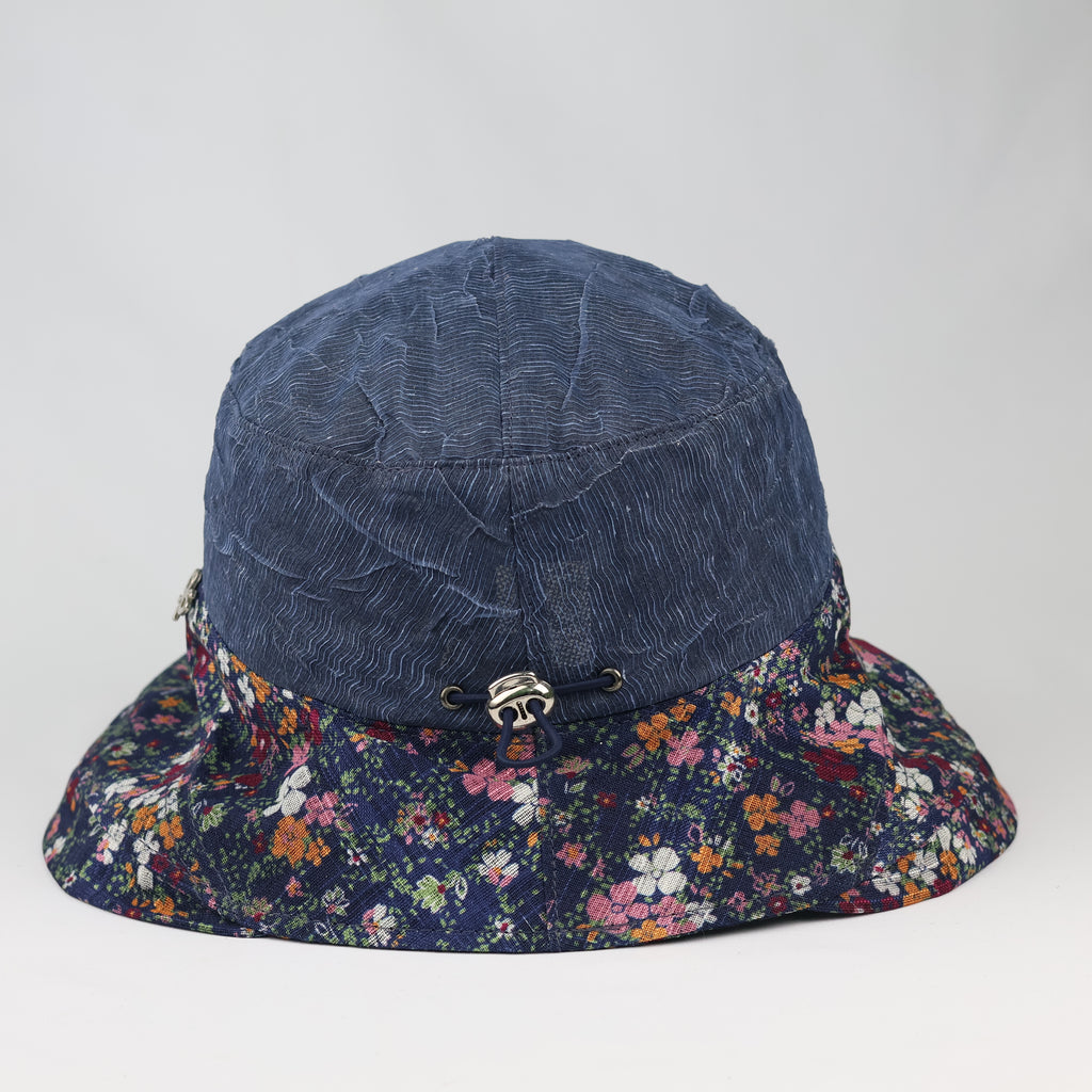 Thrifted Crinkle Denim Blue Sun Hat | Multi-Color Floral Print