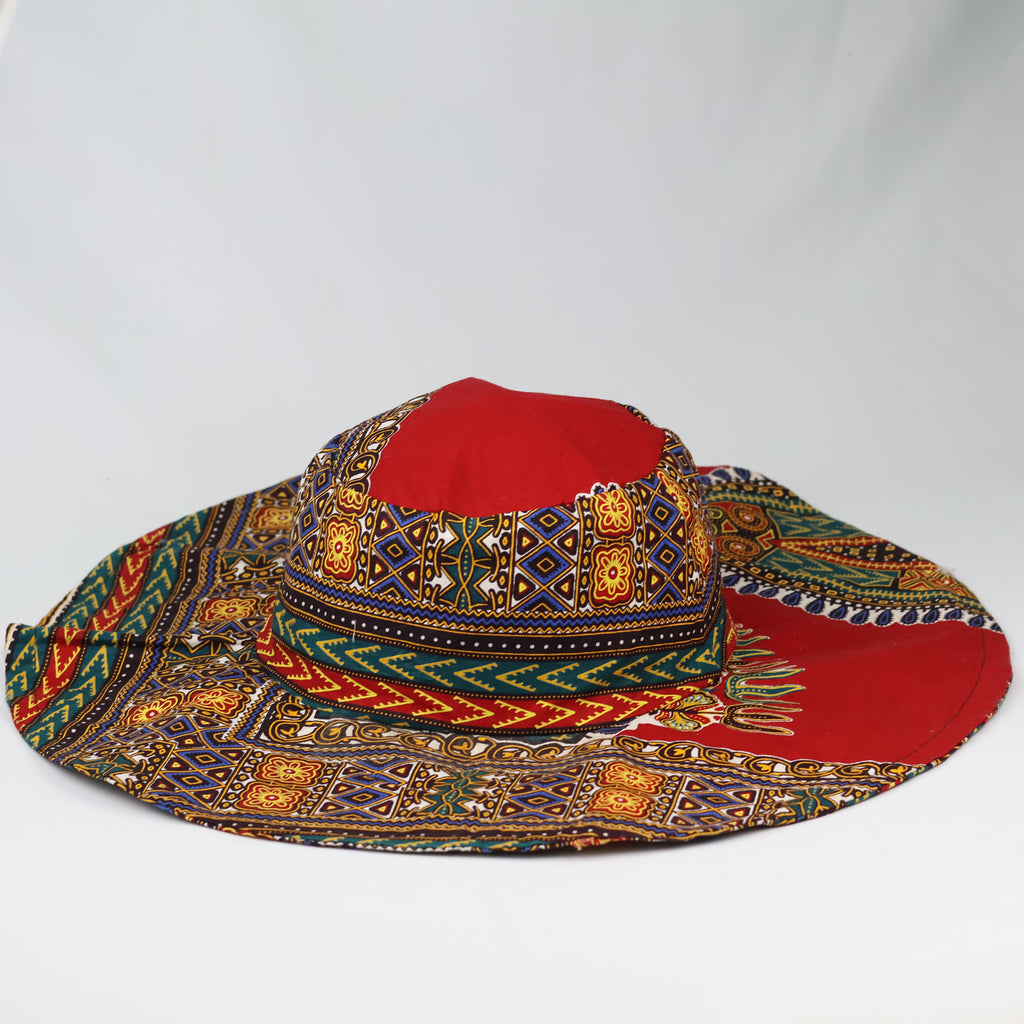 Vintage African Dashiki Print Wide Brim Sun Hat - Vibrant Red