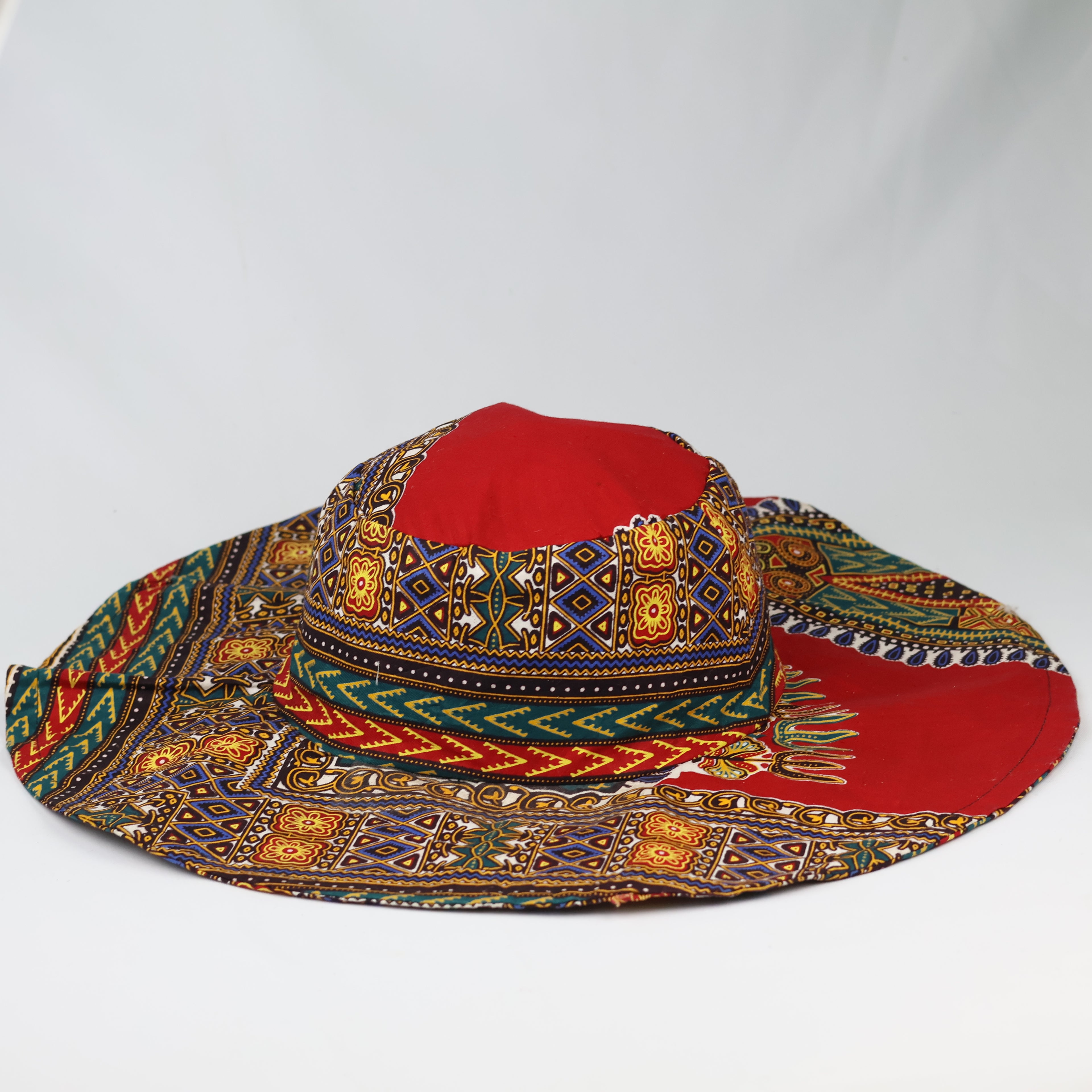 Vintage African Dashiki Print Wide Brim Sun Hat - Vibrant Red