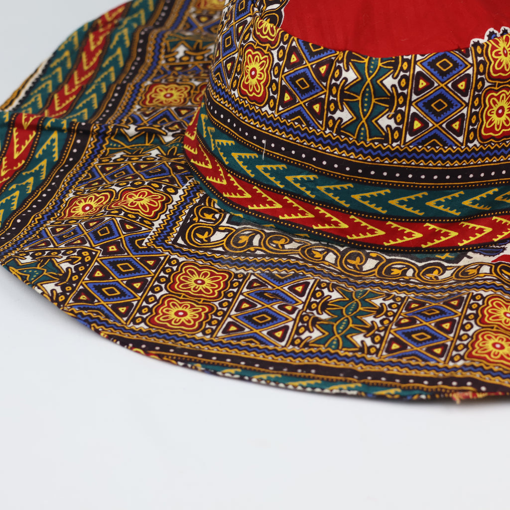Vintage African Dashiki Print Wide Brim Sun Hat - Vibrant Red