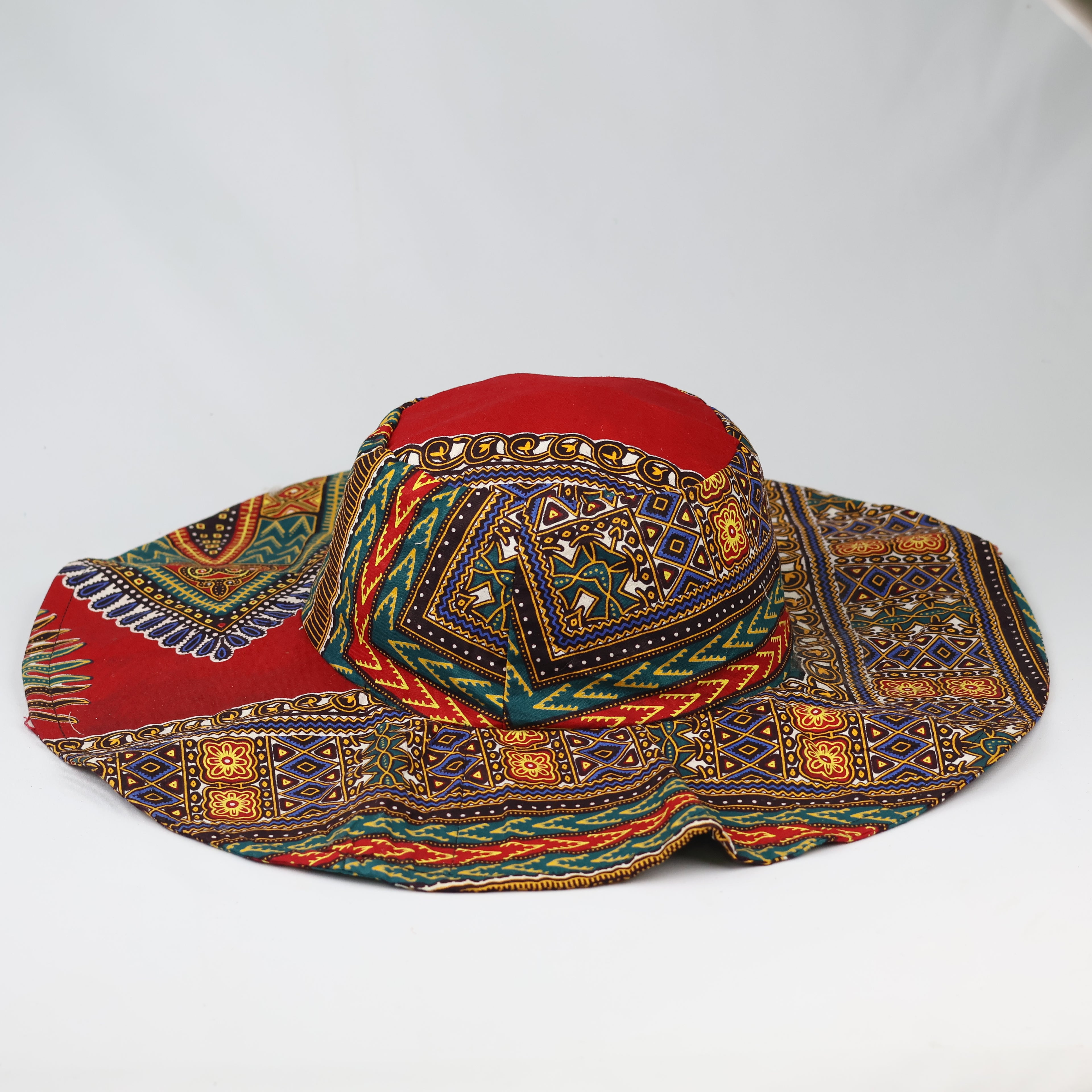 Vintage African Dashiki Print Wide Brim Sun Hat - Vibrant Red