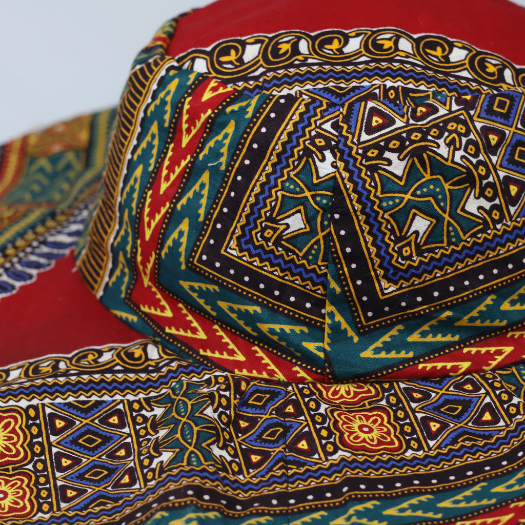 Vintage African Dashiki Print Wide Brim Sun Hat - Vibrant Red