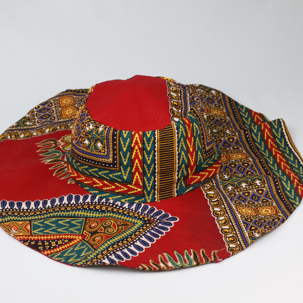 Vintage African Dashiki Print Wide Brim Sun Hat - Vibrant Red