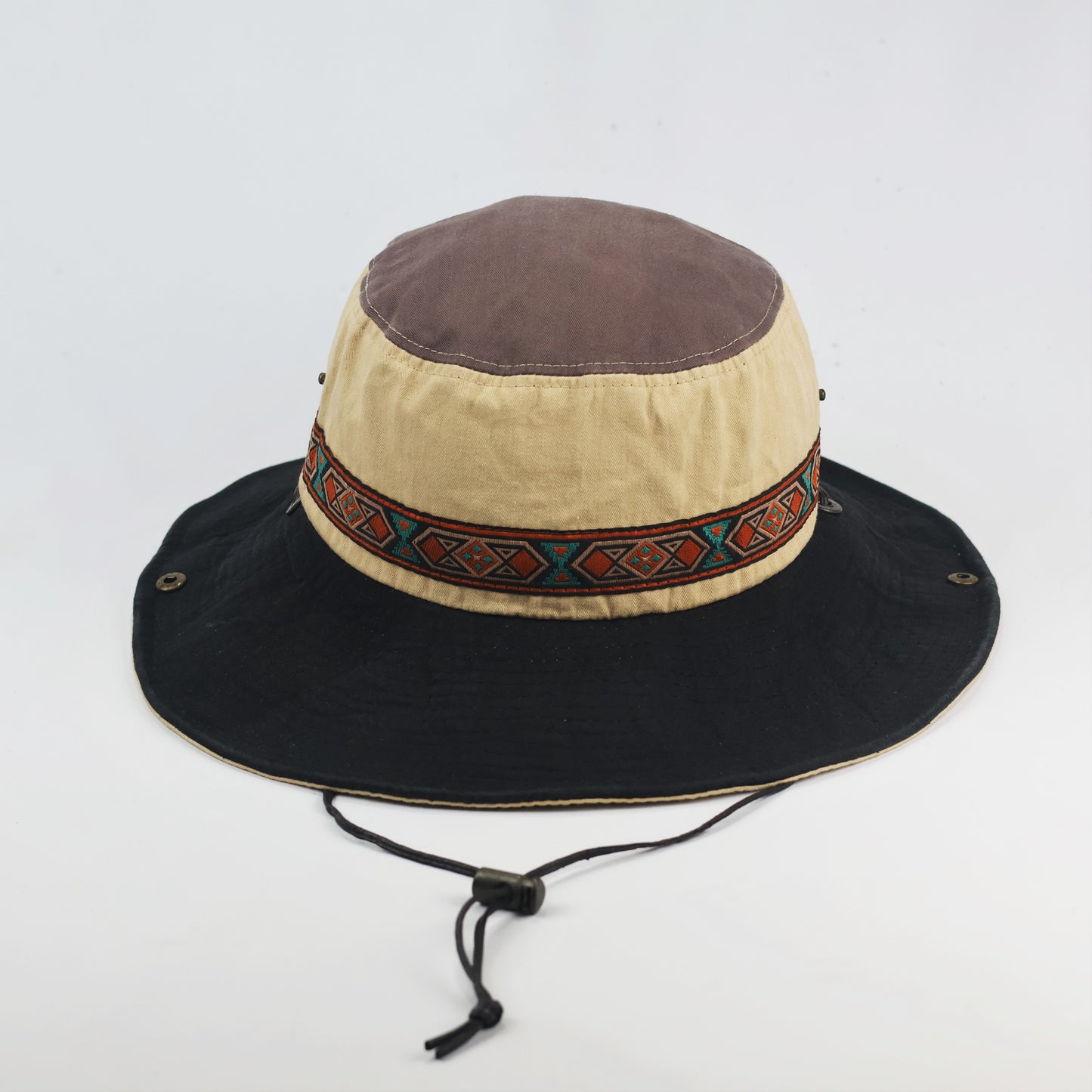 Vintage Explorer Wide Brim Safari Thrifted Hat – Khaki & Black Boonie Hat