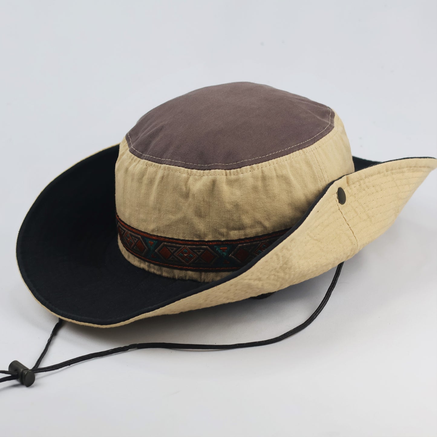 Vintage Explorer Wide Brim Safari Thrifted Hat – Khaki & Black Boonie Hat