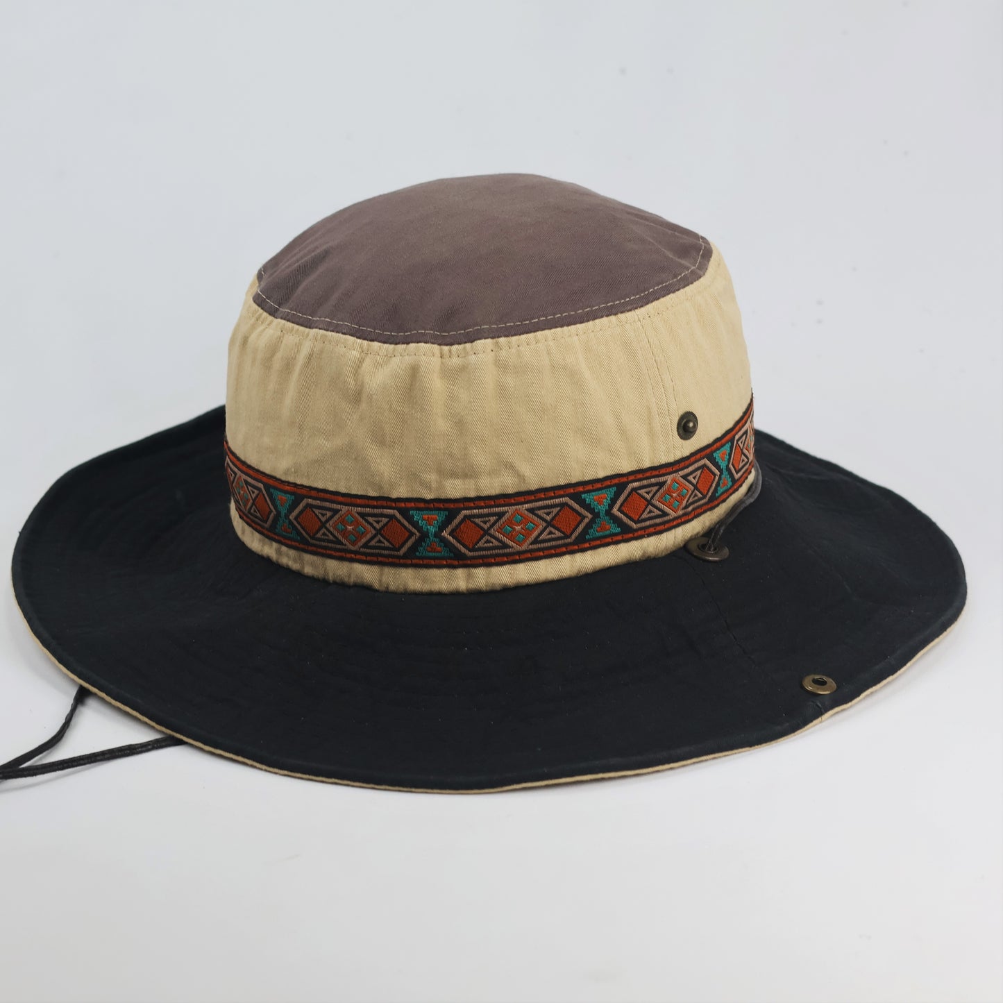Vintage Explorer Wide Brim Safari Thrifted Hat – Khaki & Black Boonie Hat