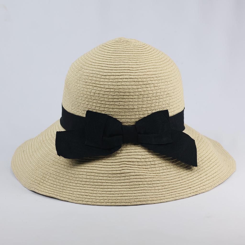 Shoopen Accessories Beige Straw Thrifted Sun Hat with Black Bow