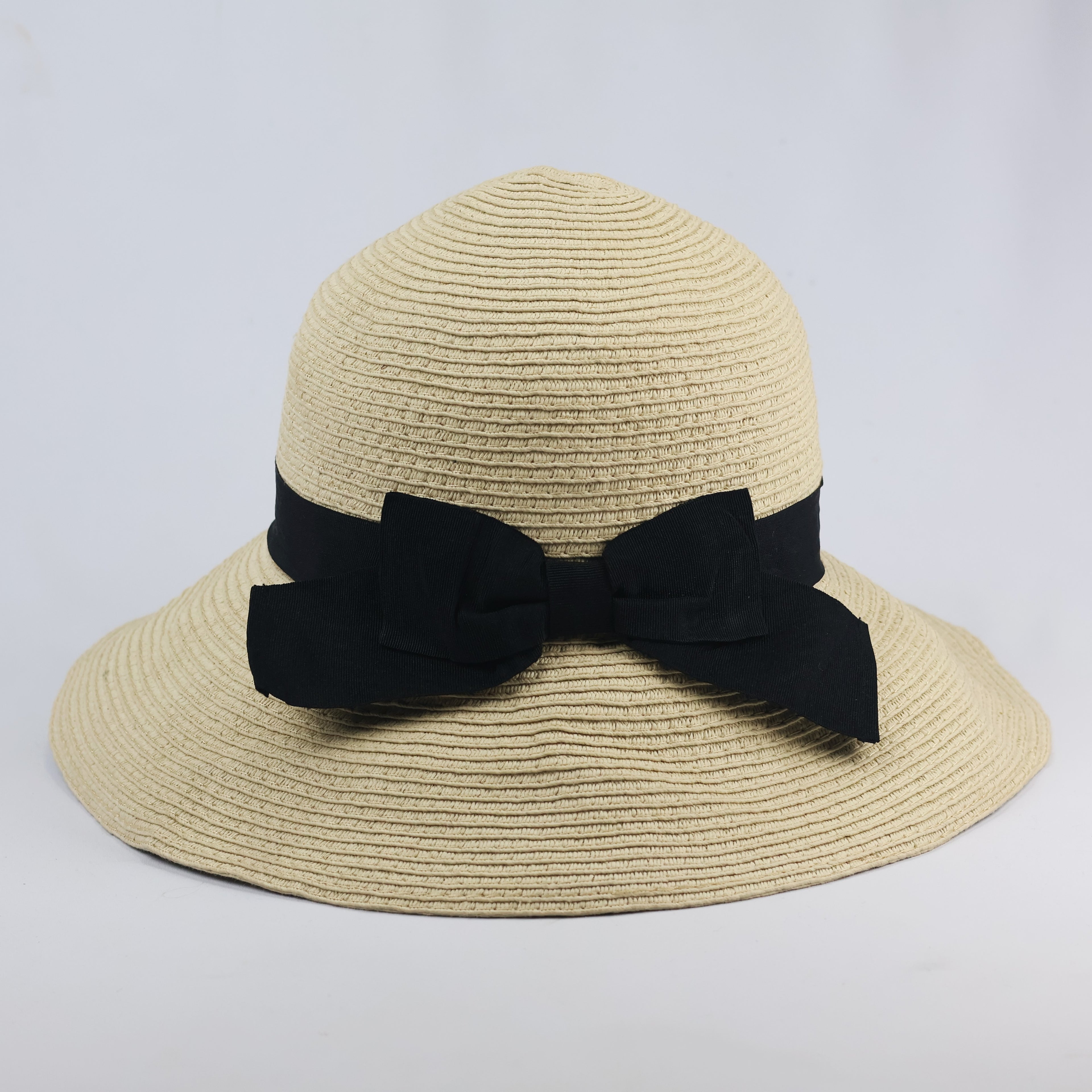Shoopen Accessories Beige Straw Thrifted Sun Hat with Black Bow