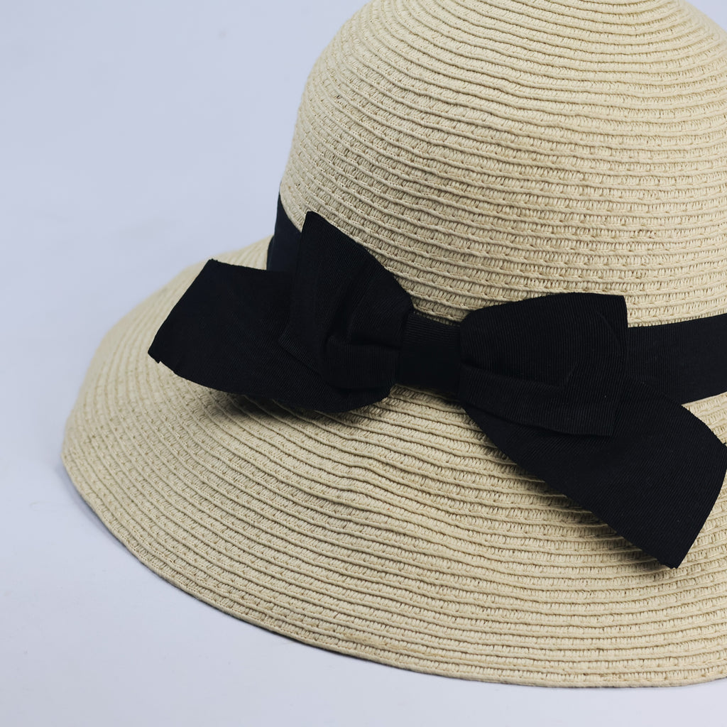 Shoopen Accessories Beige Straw Thrifted Sun Hat with Black Bow