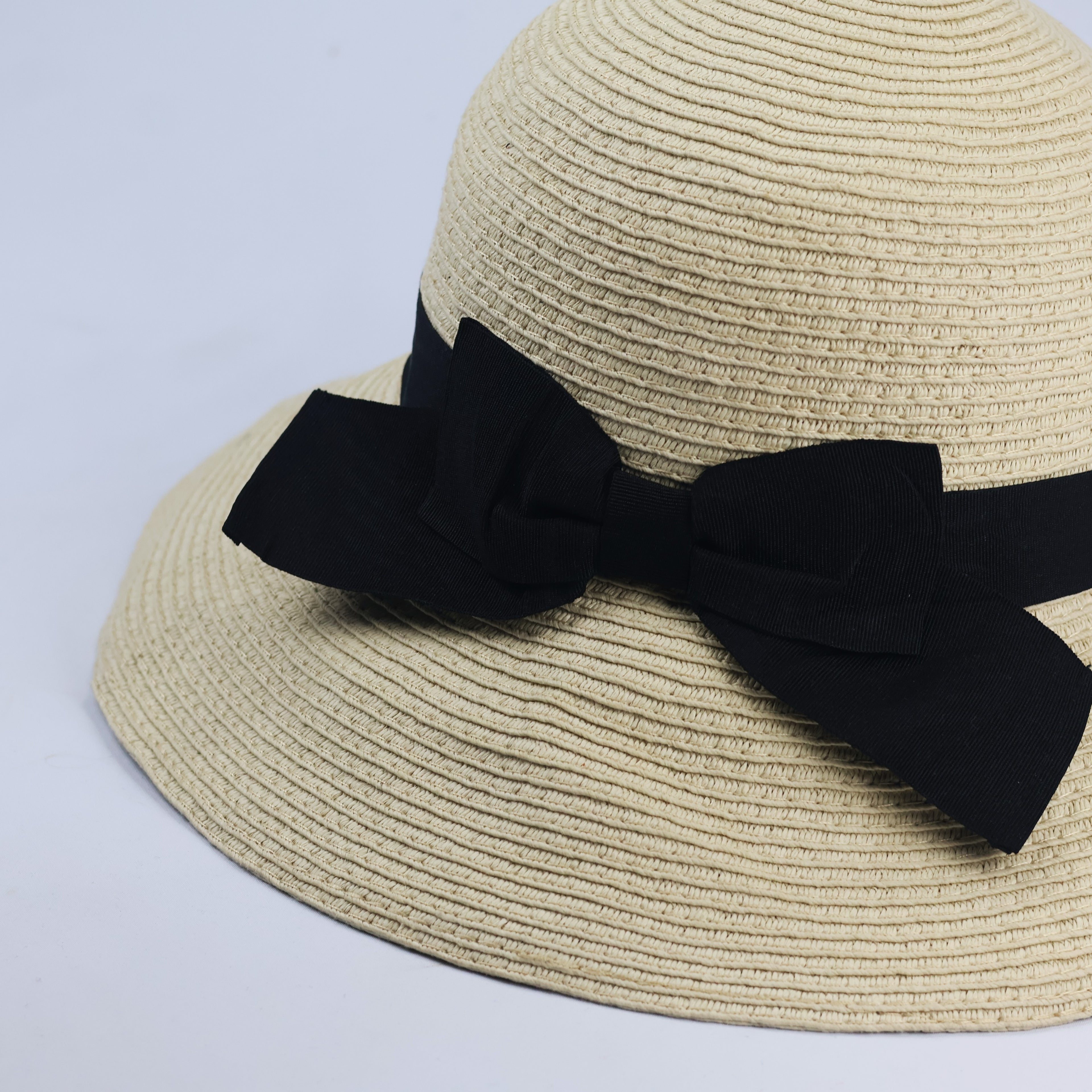 Shoopen Accessories Beige Straw Thrifted Sun Hat with Black Bow