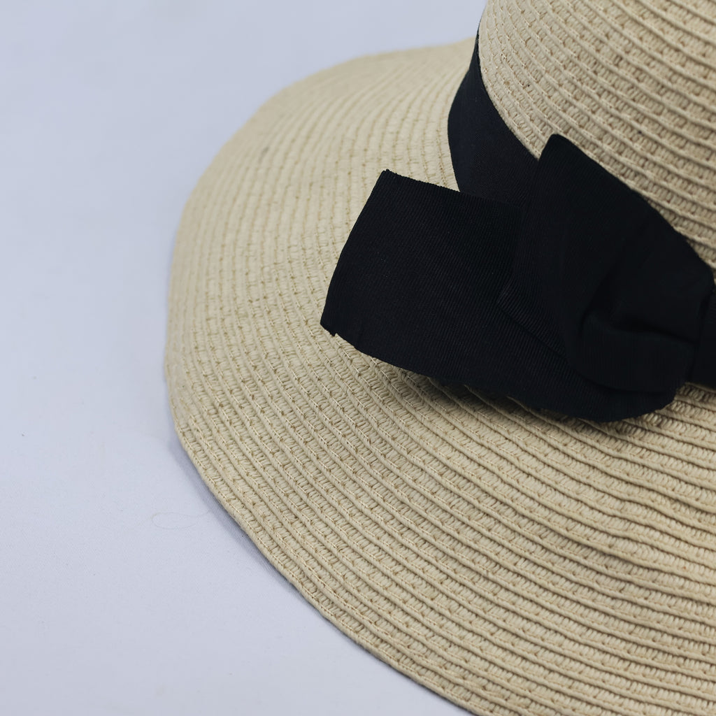 Shoopen Accessories Beige Straw Thrifted Sun Hat with Black Bow